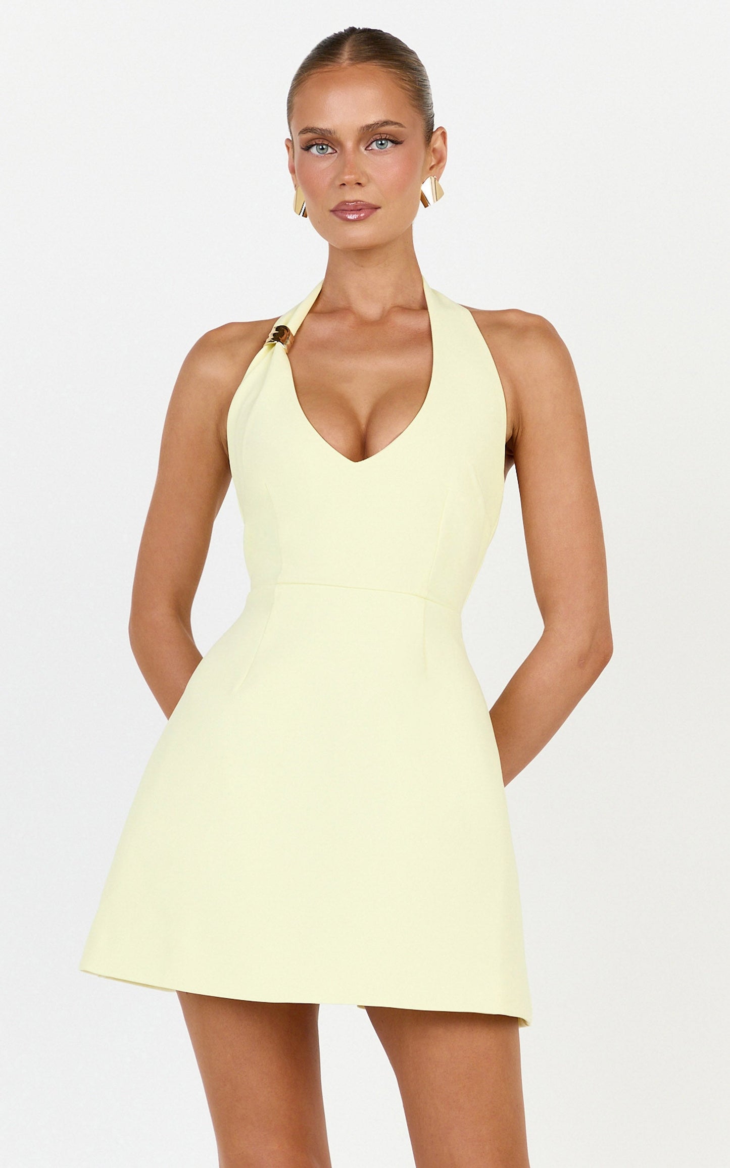 Leilani Mini Dress - Plunge Gold Hardware Fit and Flare Dress in Lemon