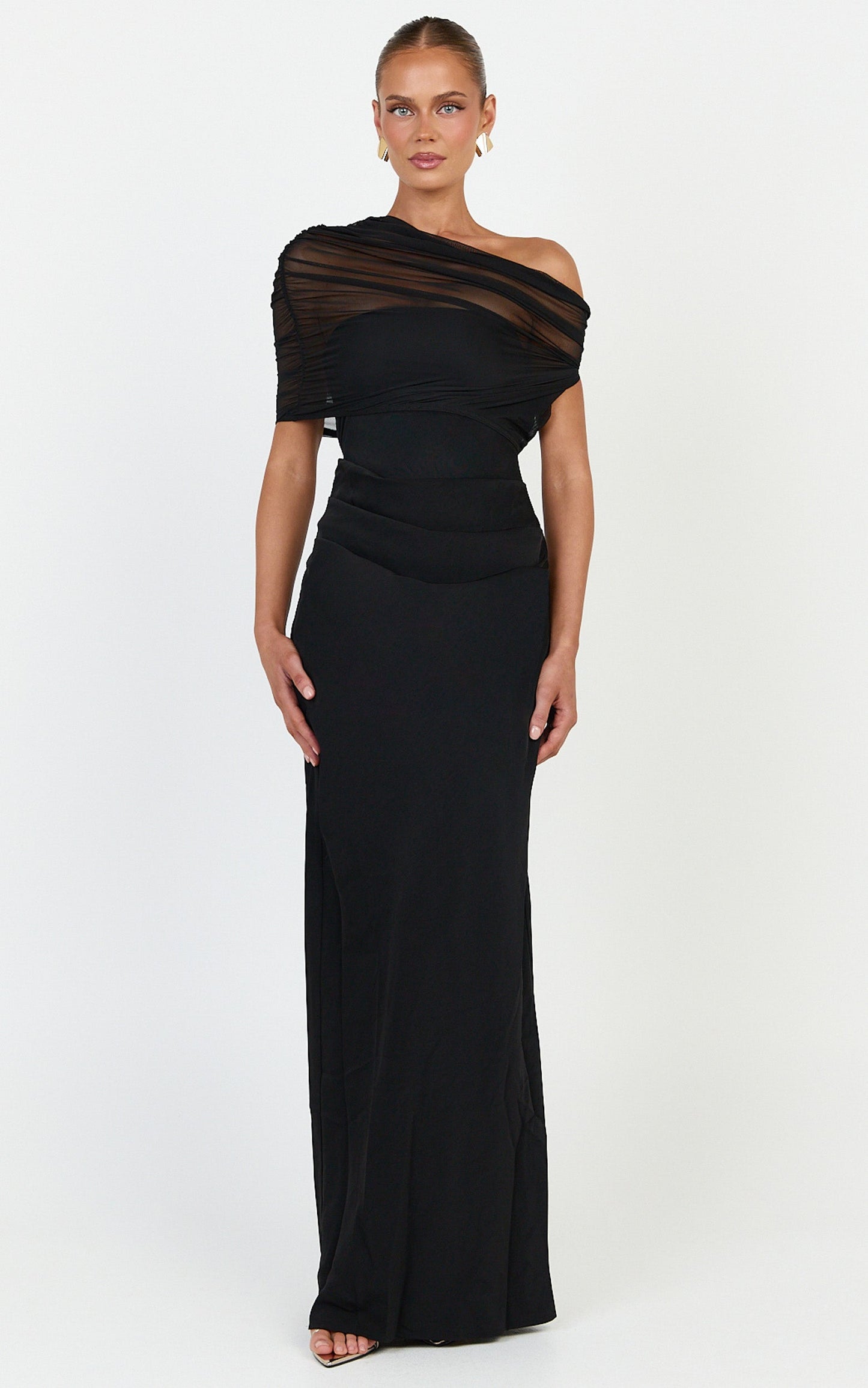 Nami Maxi Dress - Overlay Off Shoulder Draped Cowl Waist Dress in Black