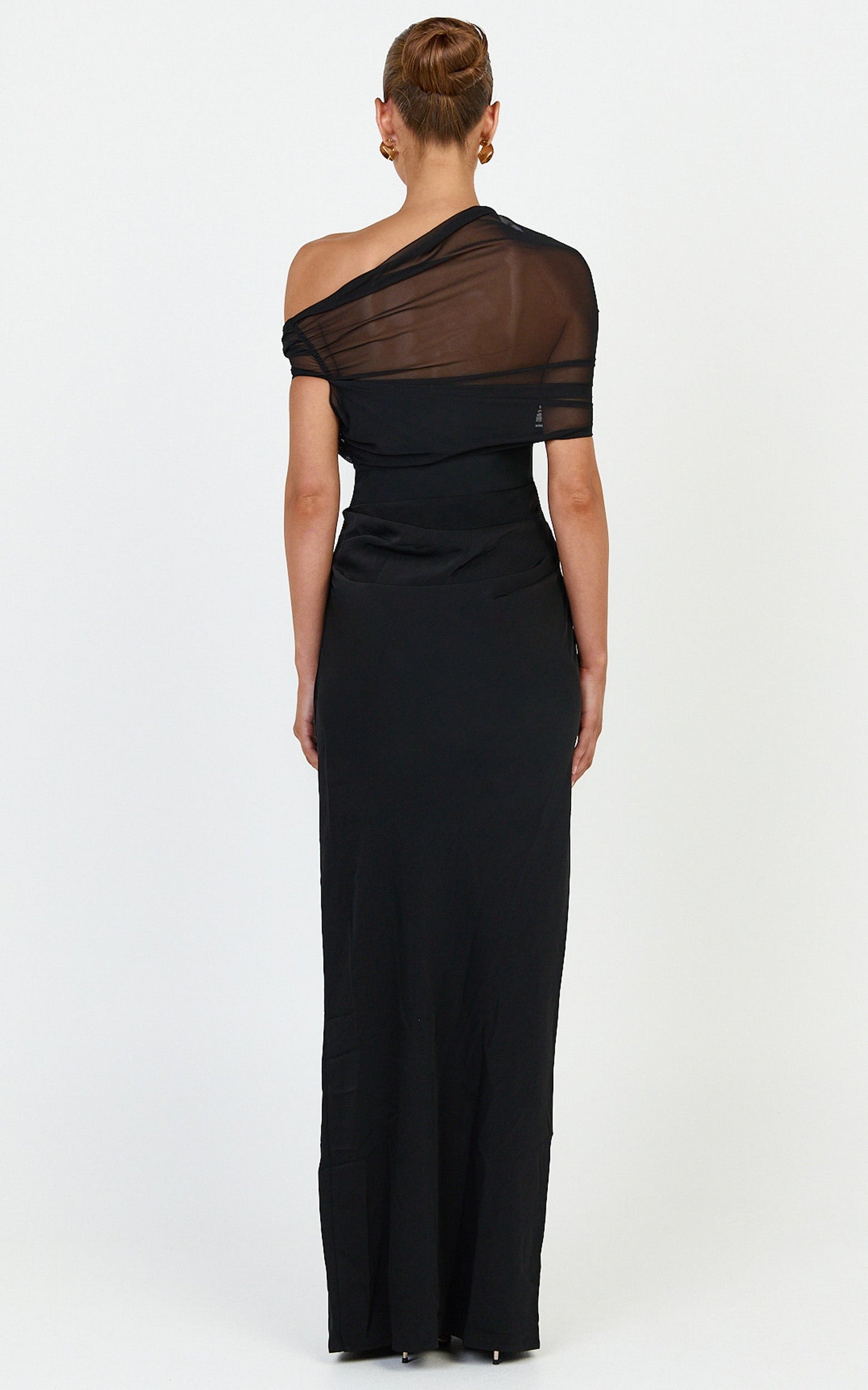 Nami Maxi Dress - Overlay Off Shoulder Draped Cowl Waist Dress in Black