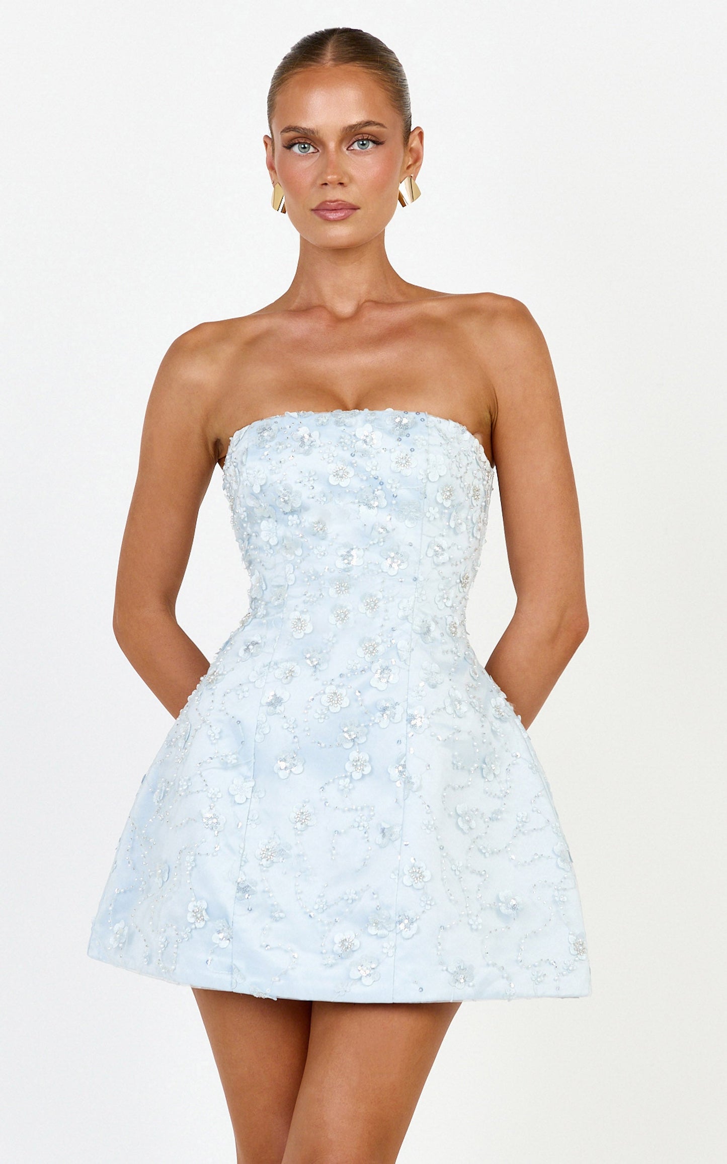 Leona Mini Dress - Strapless Sequin Tulip Dress in Baby Blue