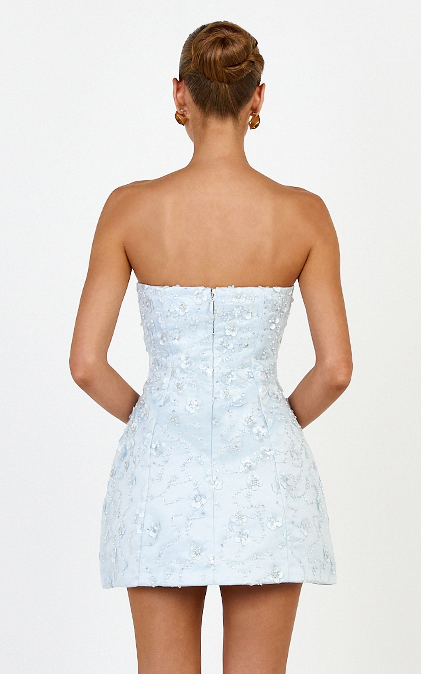 Leona Mini Dress - Strapless Sequin Tulip Dress in Baby Blue