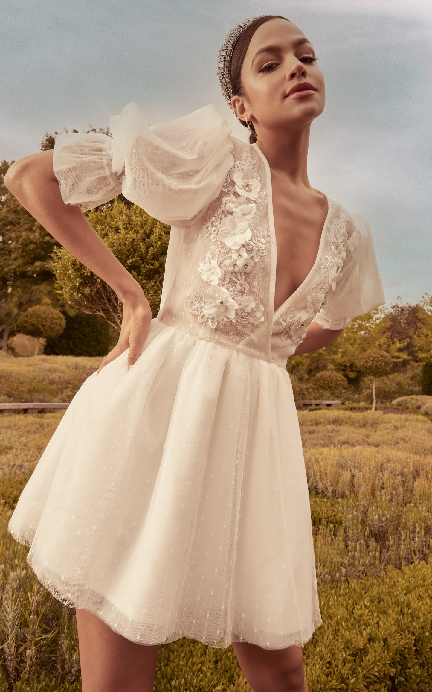 Akshia Mini Dress - Puff Sleeve Floral Detail Plunge Neck Dress in White