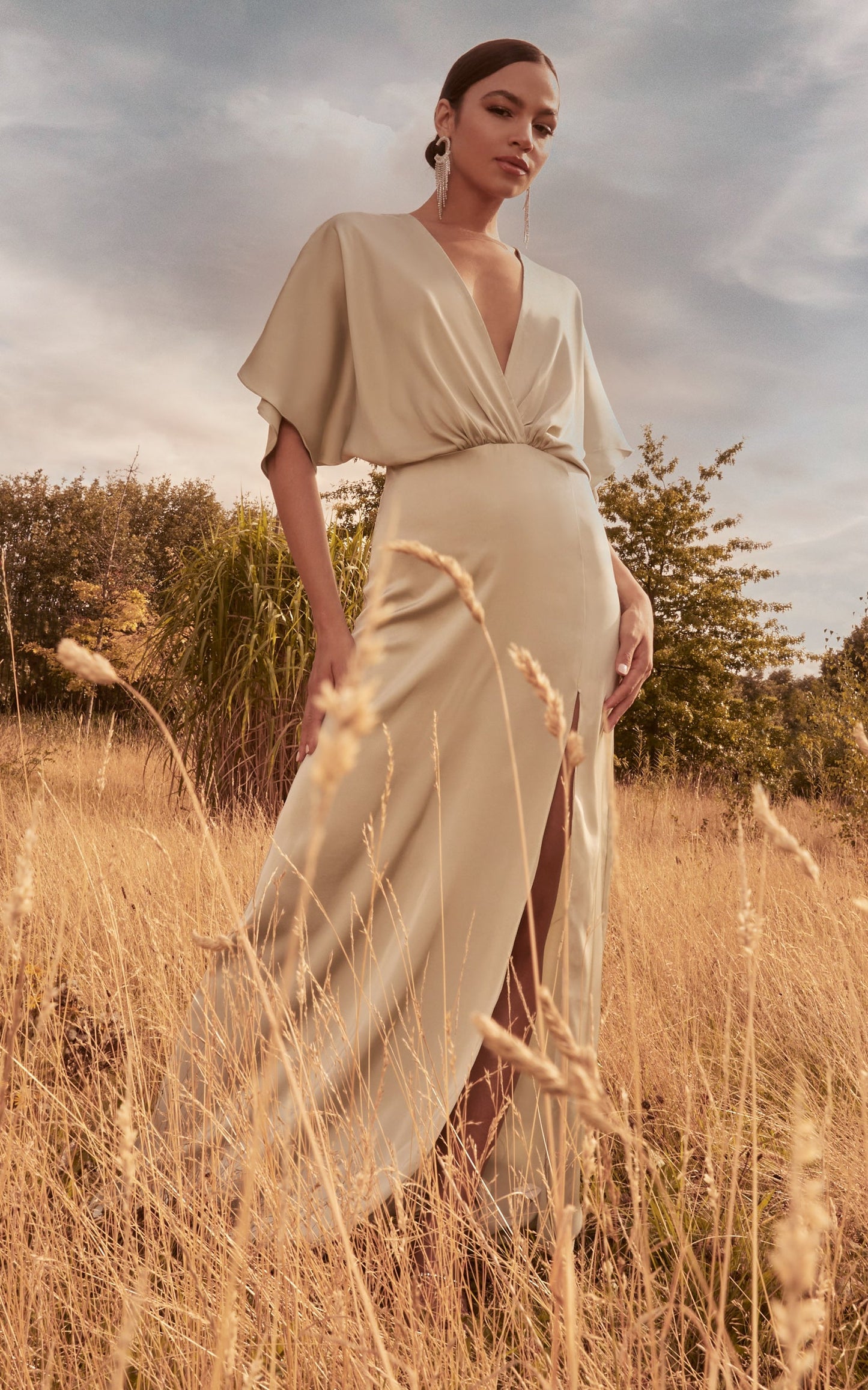 Azrael Maxi Dress - Angel Sleeve Thigh Split Plunge Neck Satin Dress in Sage