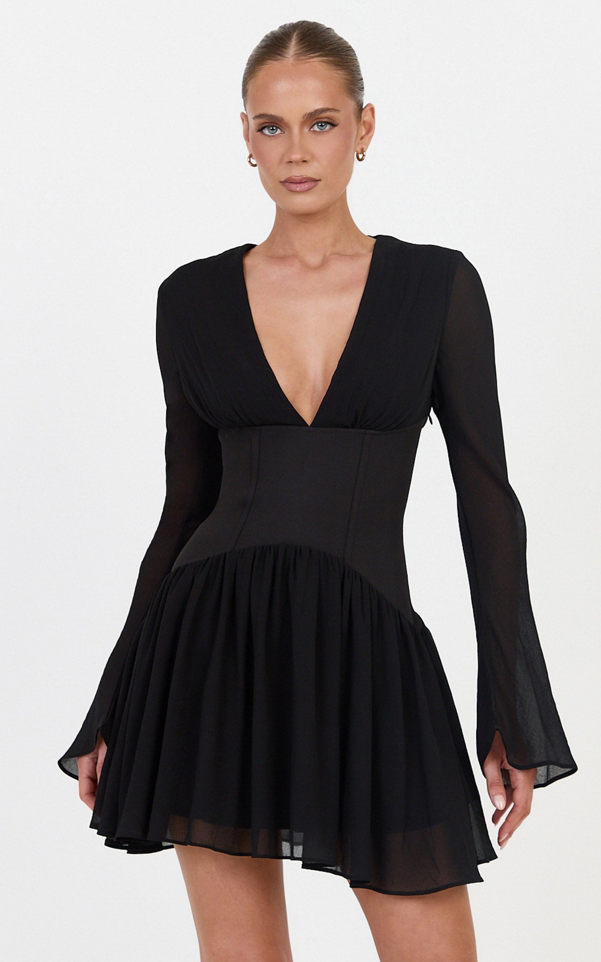 Lillian Mini Dress - Contrast Corset Flute Sleeve Dress in Black