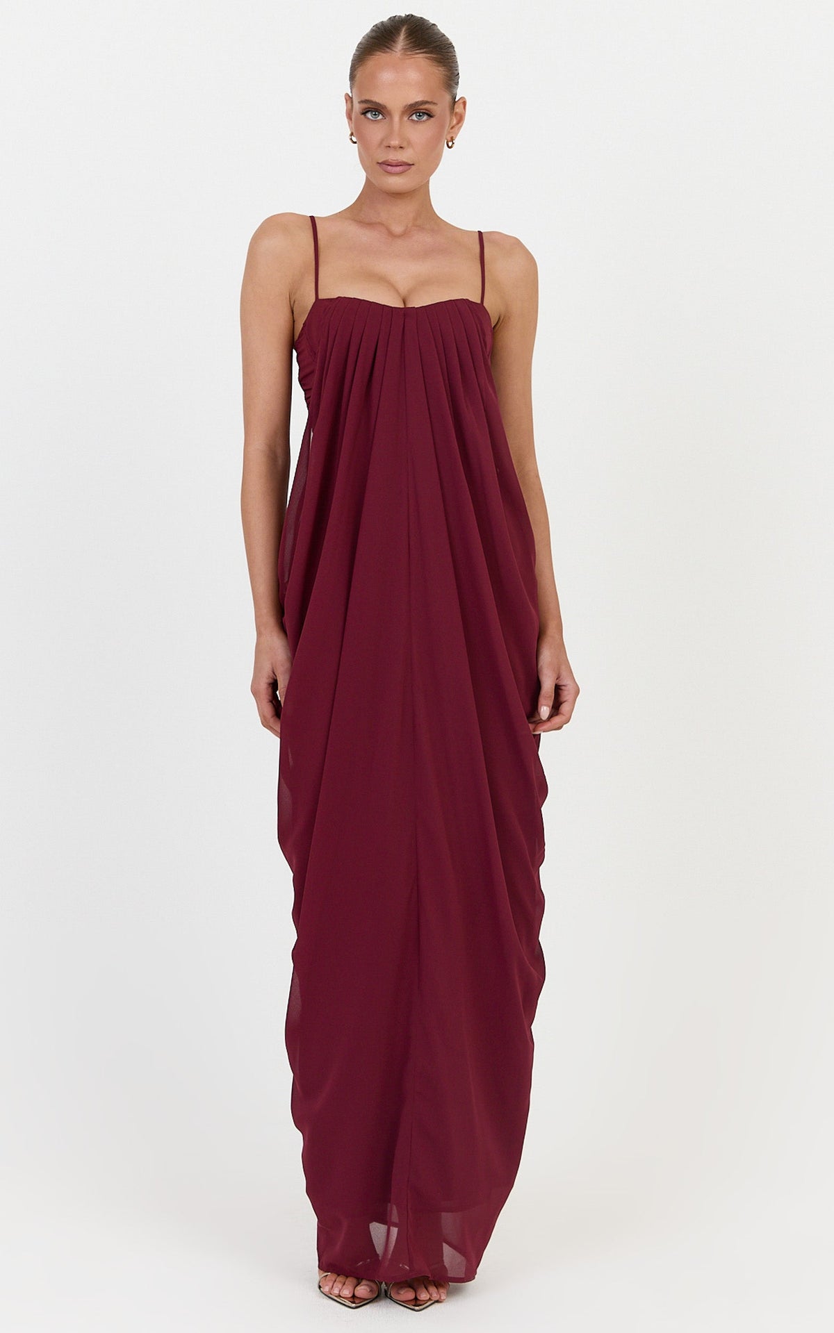 Eloise Maxi Dress - Draped Dress With Sweetheart Neckline And Spaghetti Straps in Wine