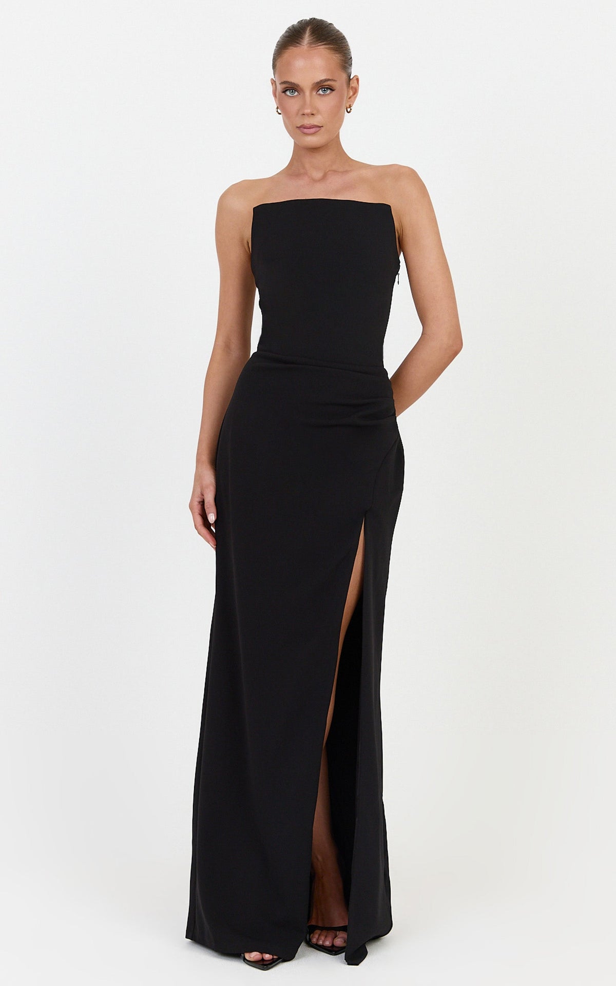 Marcella Maxi Dress - Strapless Square Neck Corset Bodice Dress With Leg Split And Tuck Detail in Black