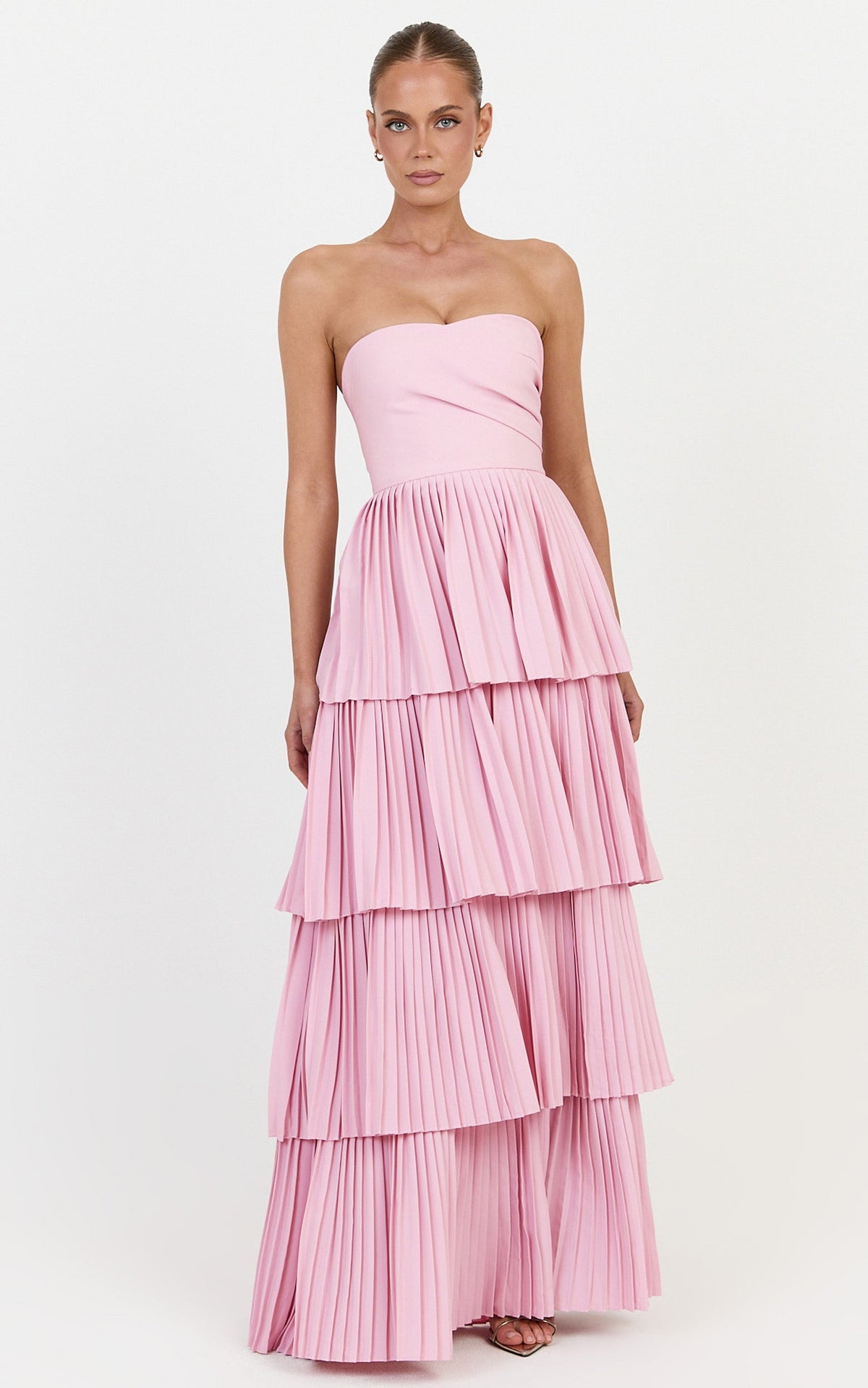 Rina Maxi Dress - Strapless Tiered Pleated Skirt Dress in Pink