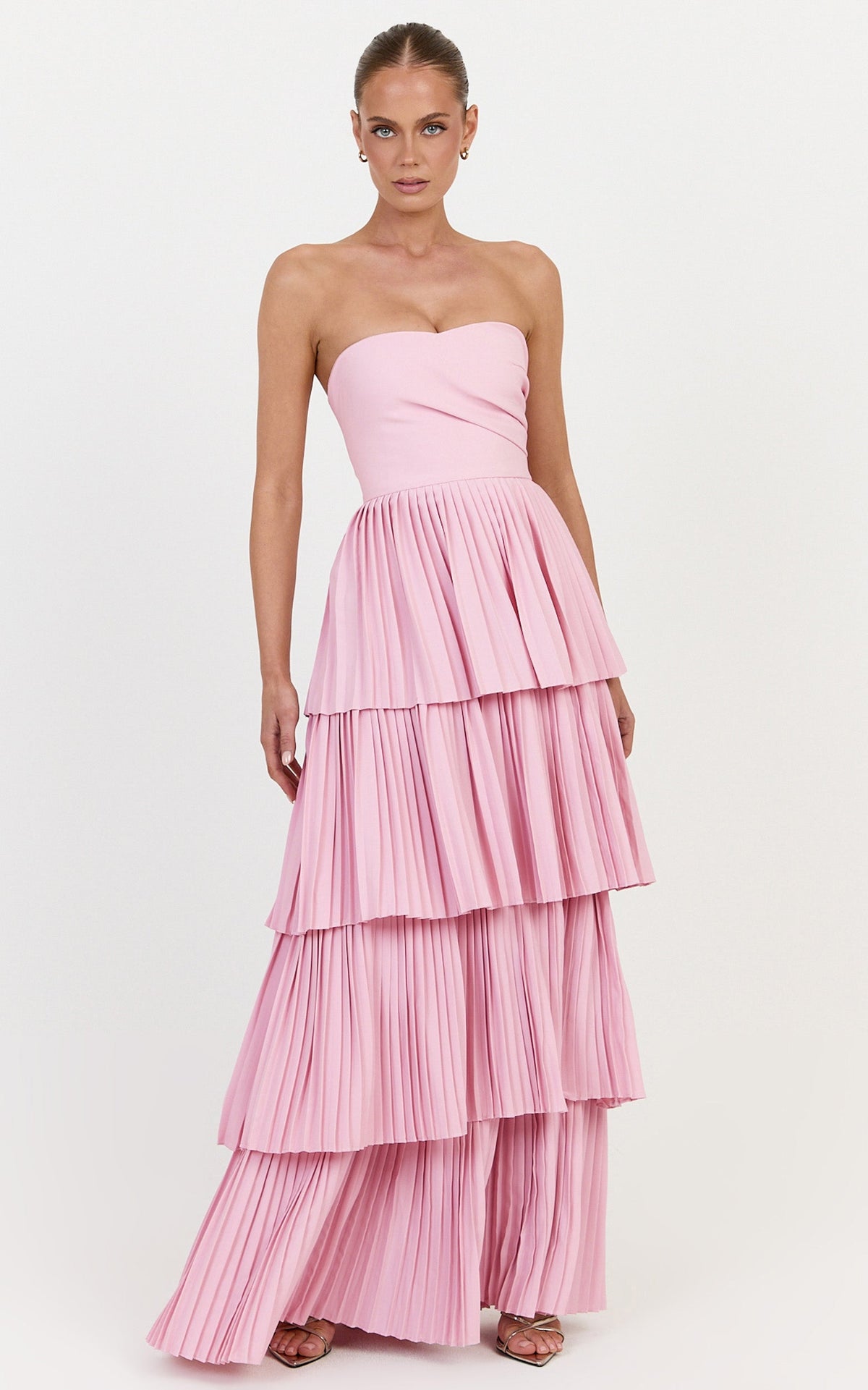 Rina Maxi Dress - Strapless Tiered Pleated Skirt Dress in Pink