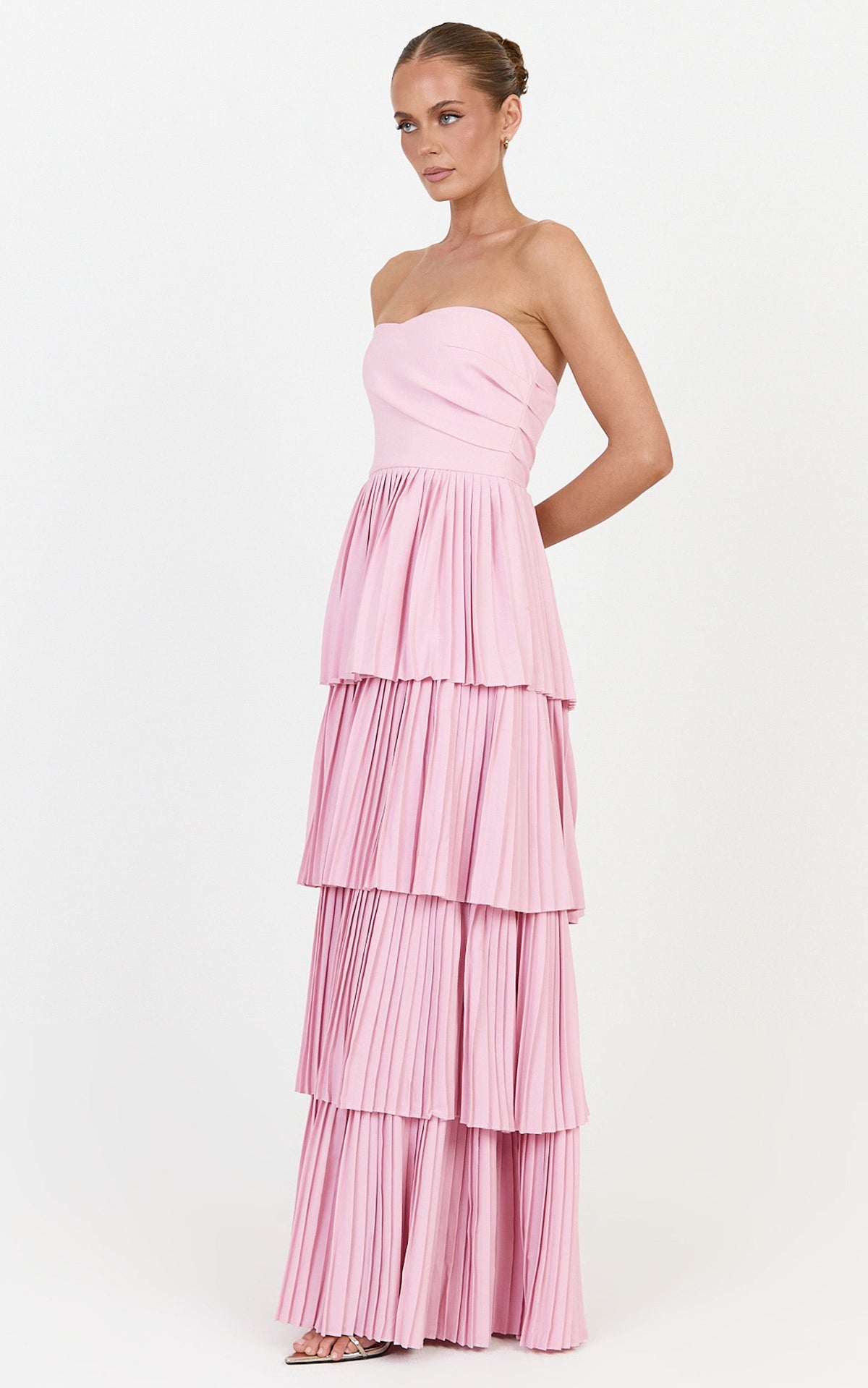 Rina Maxi Dress - Strapless Tiered Pleated Skirt Dress in Pink