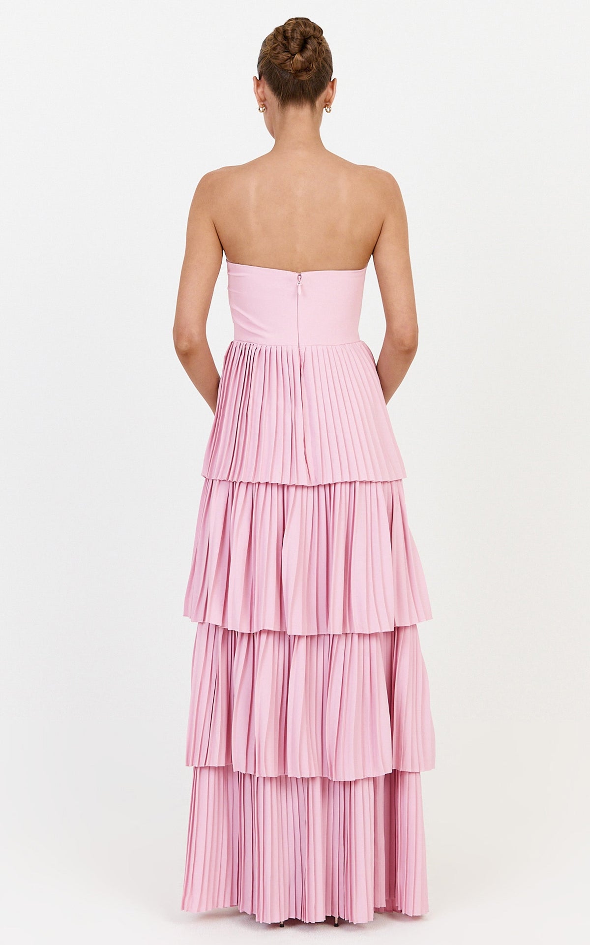 Rina Maxi Dress - Strapless Tiered Pleated Skirt Dress in Pink
