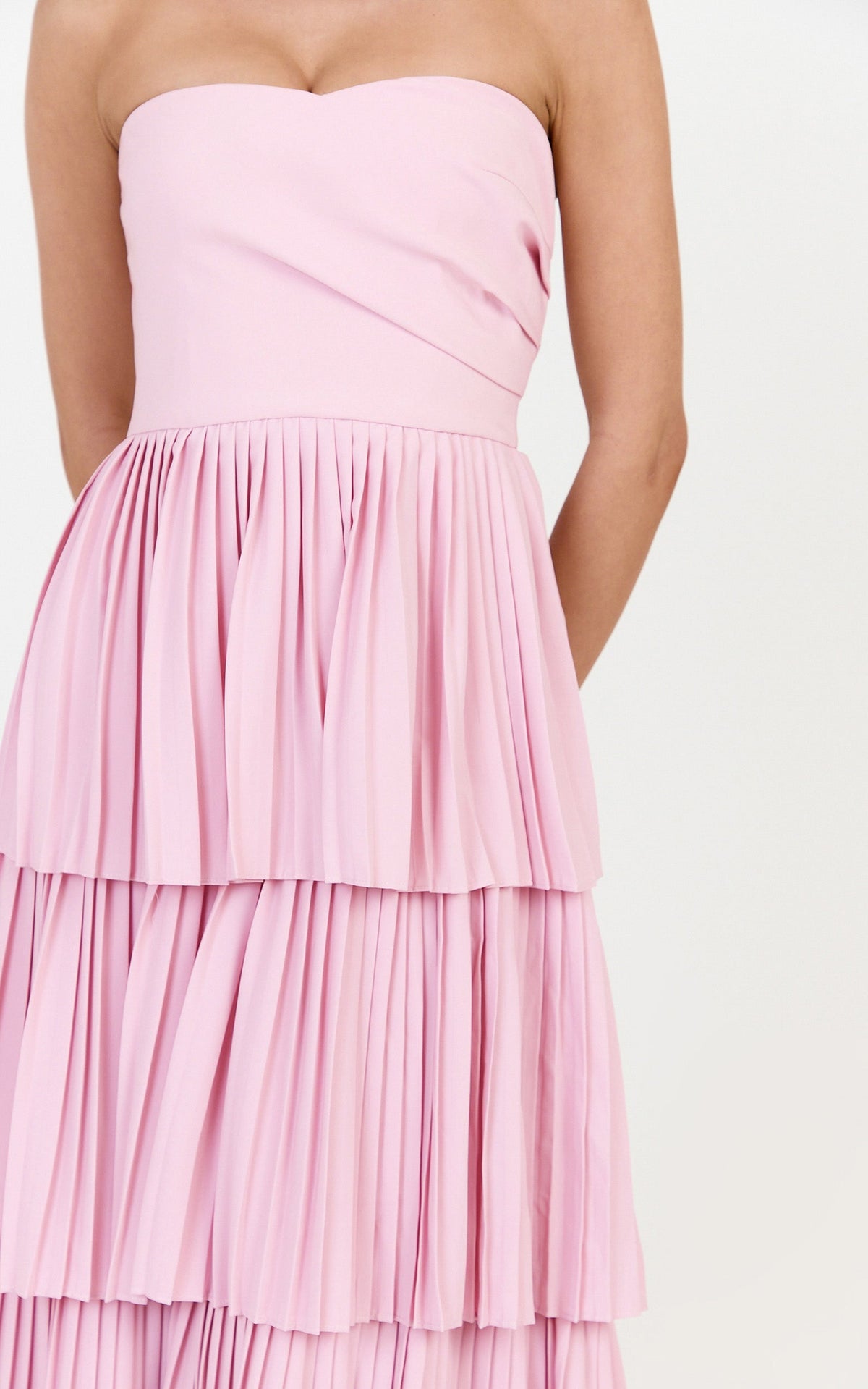 Rina Maxi Dress - Strapless Tiered Pleated Skirt Dress in Pink