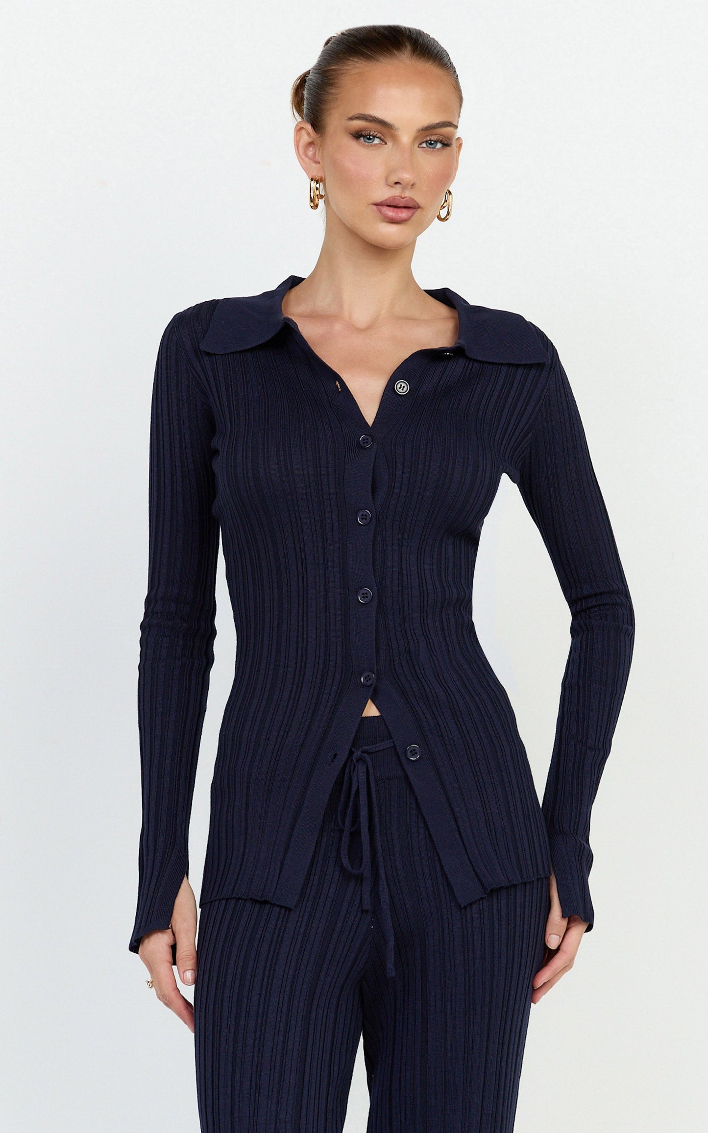 Kelsey Top - Button Through Long Sleeve Knit Top in Navy