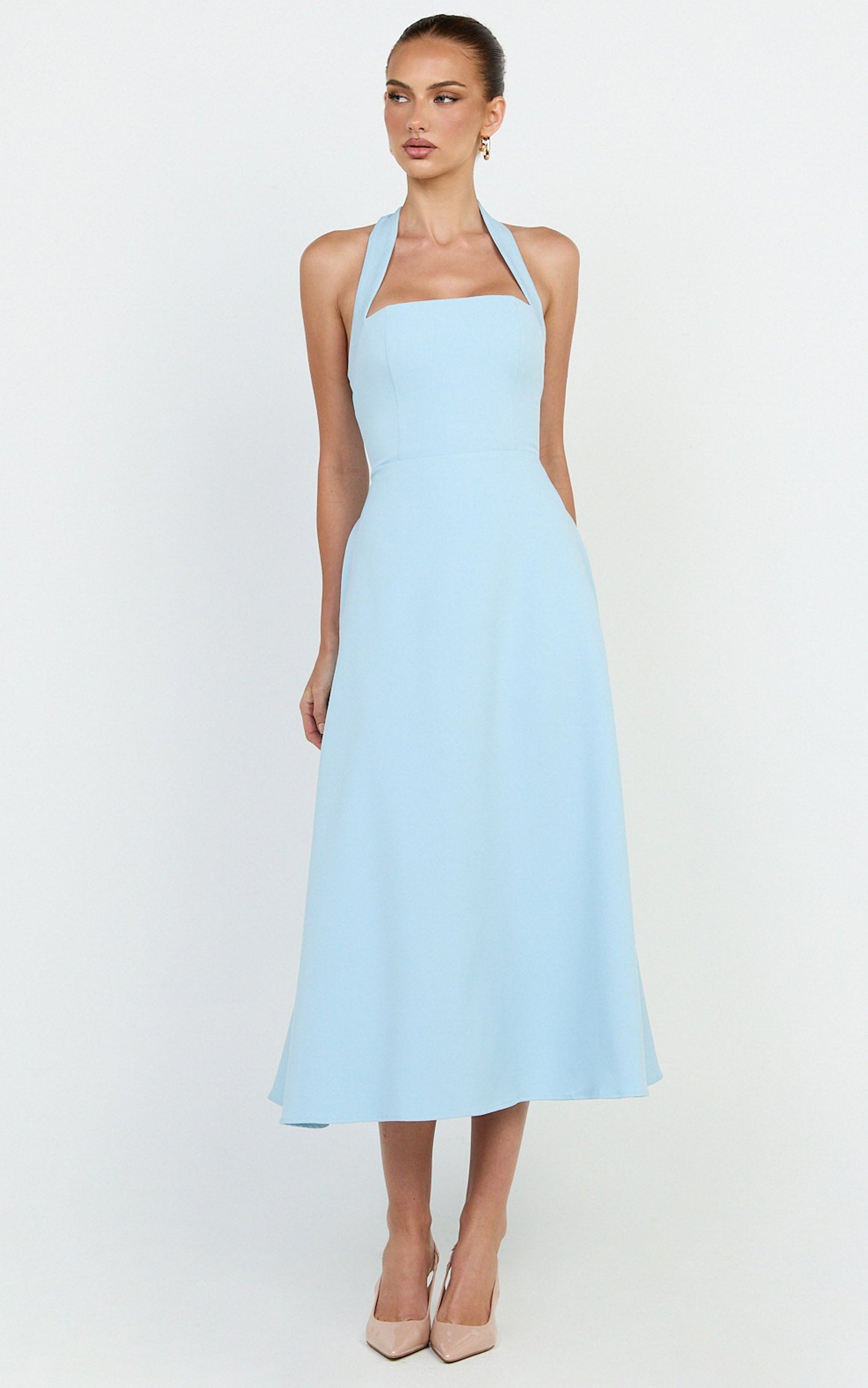 Karissa Midi Dress - Halter Neck Fitted Bodice Midi Soft A Line Skirt Dress in Pale Blue