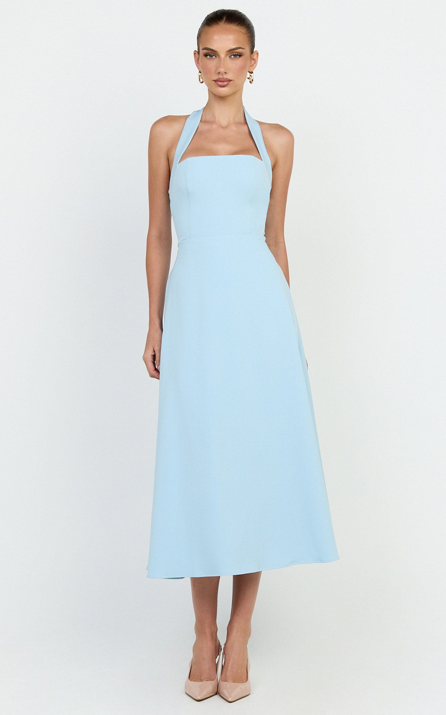 Karissa Midi Dress - Halter Neck Fitted Bodice Midi Soft A Line Skirt Dress in Pale Blue
