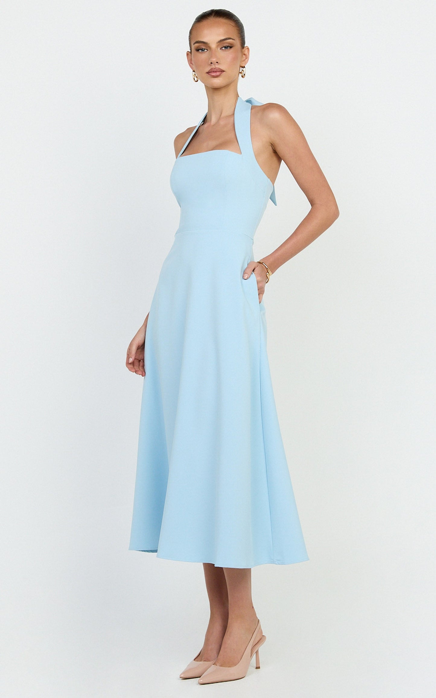 Karissa Midi Dress - Halter Neck Fitted Bodice Midi Soft A Line Skirt Dress in Pale Blue