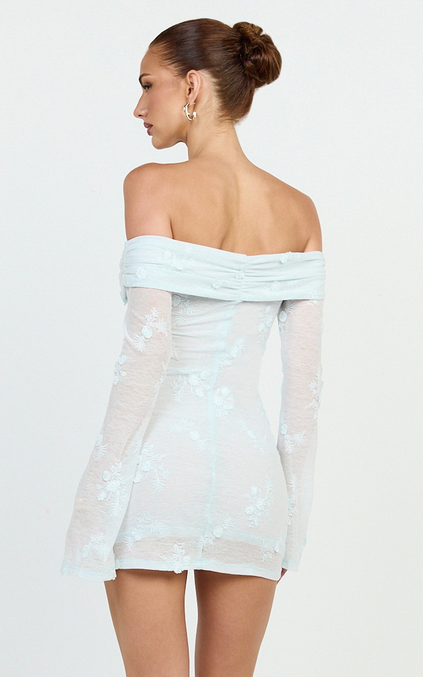 Raymond Mini Dress - Off Shoulder Long Sleeve Fitted Dress in Blue