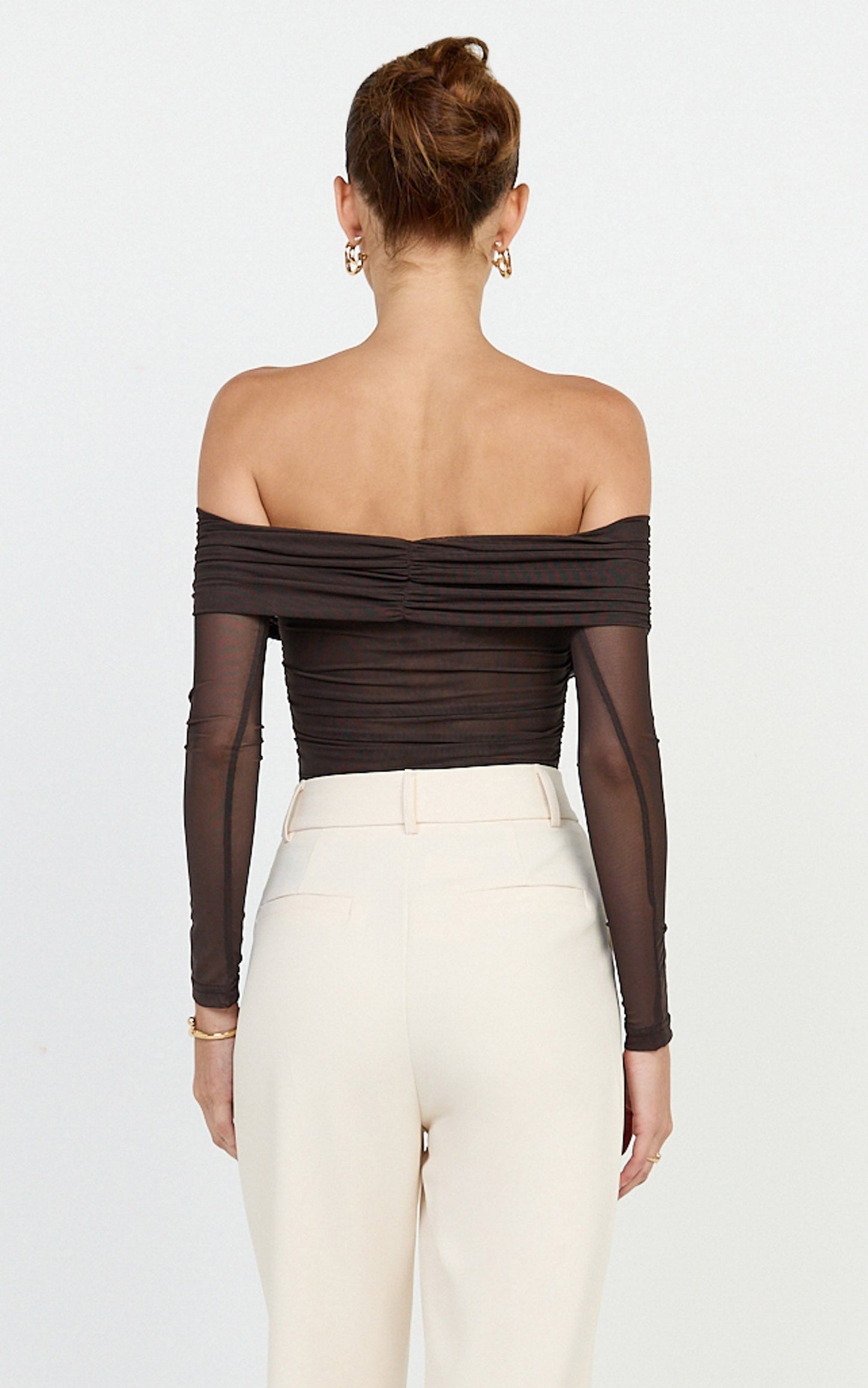 Opal Bodysuit - Long Sleeve Wrapped Off Shoulder Bodysuit in Chocolate
