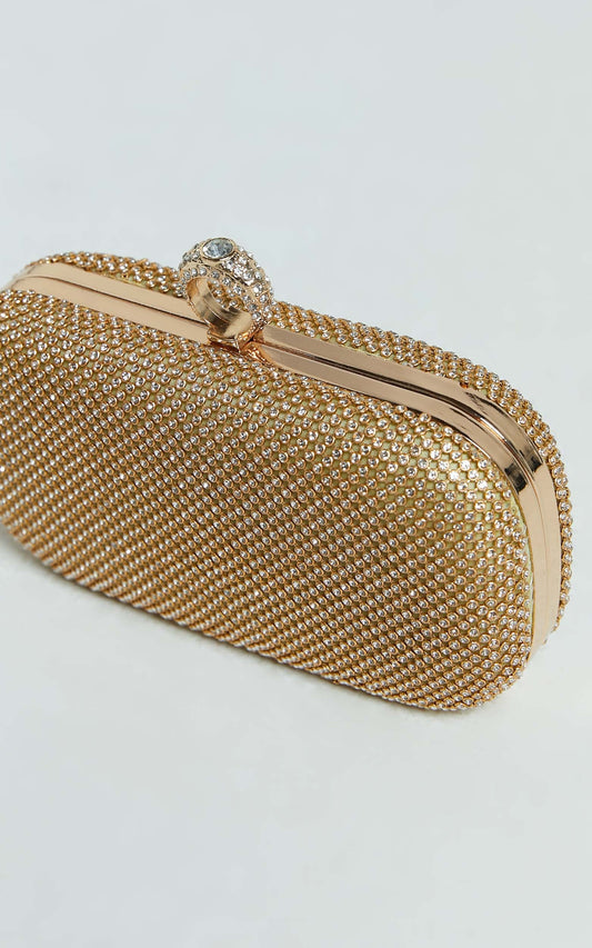 Beverly Hills Diamnate Ring Clutch With Chain Strap in Gold