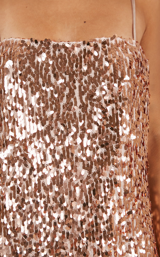 Virgo Rising Dress In Rose Gold Sequin