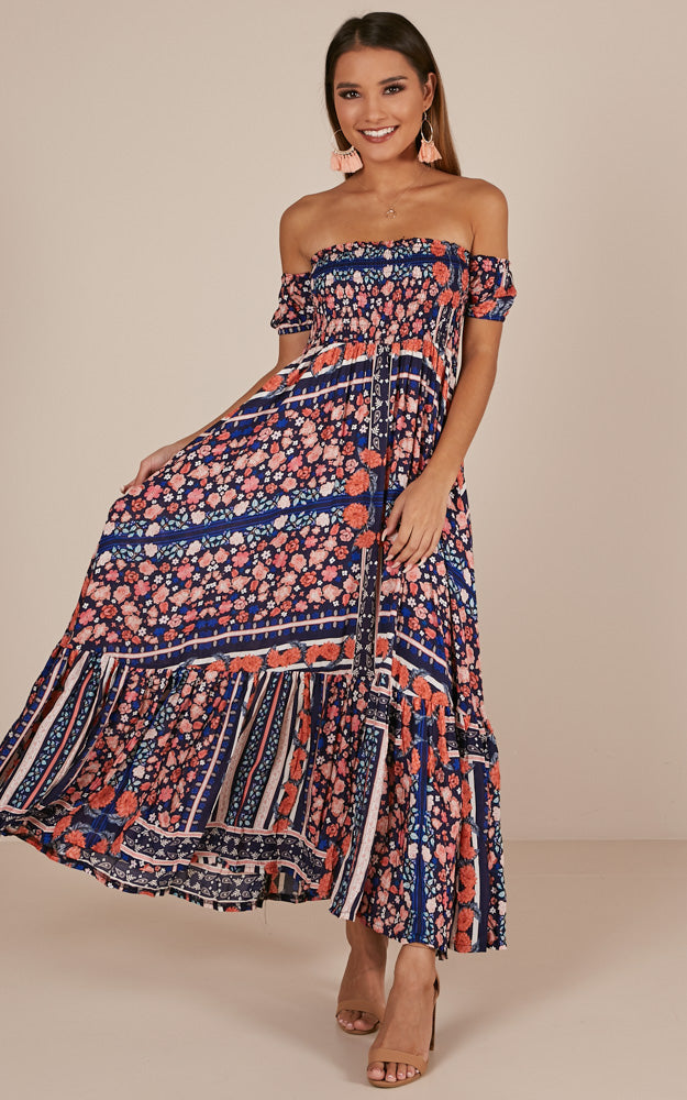 Catch My Breath Maxi Dress In Navy Floral