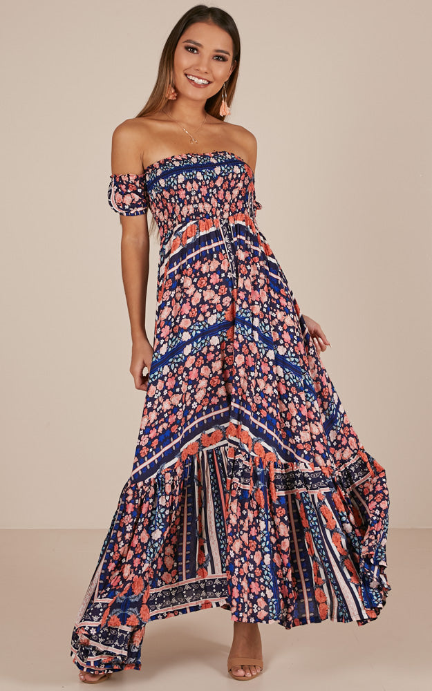 Catch My Breath Maxi Dress In Navy Floral