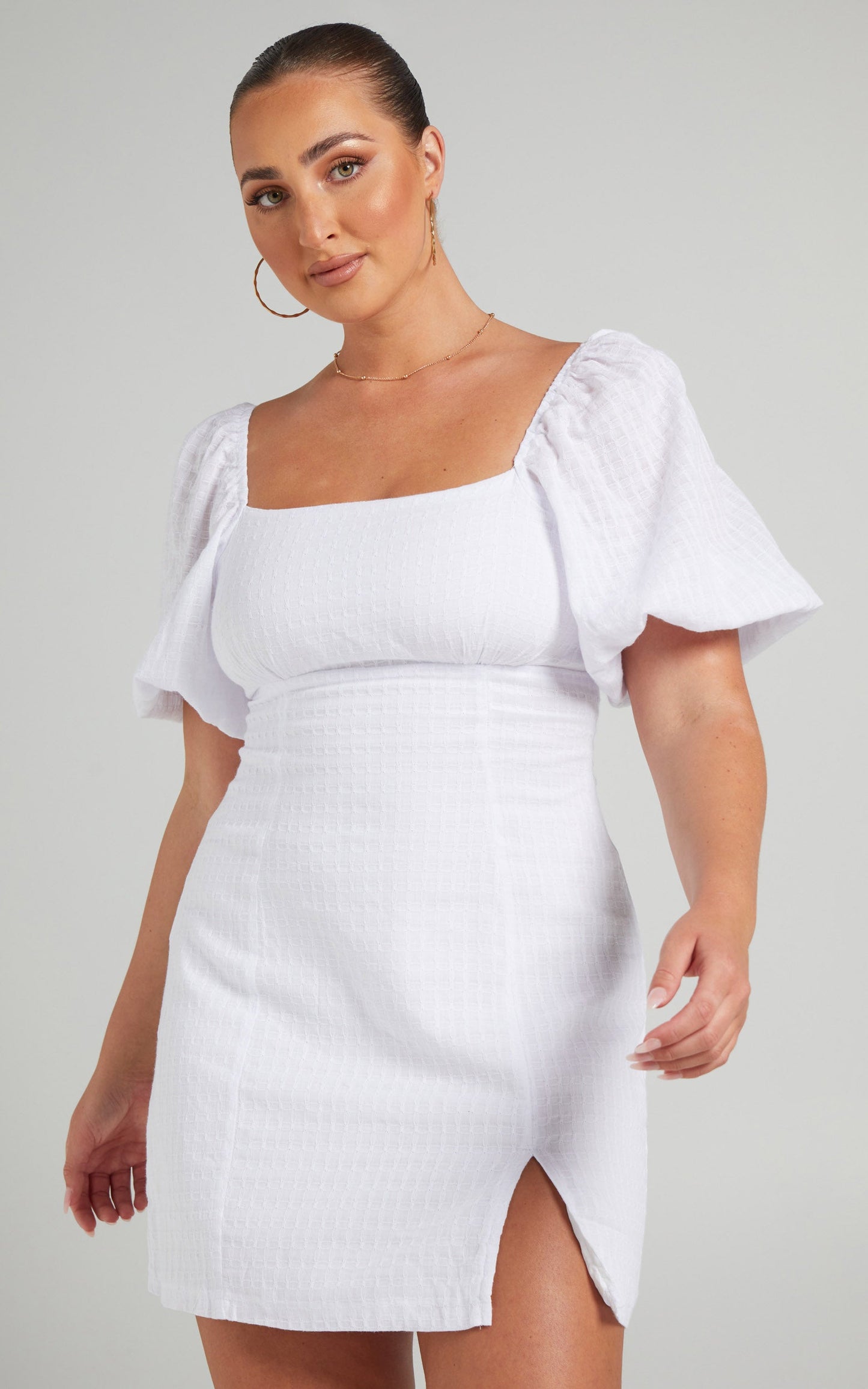 Electric Babe Mini Dress - Square Neck Puff Sleeve Dress in White