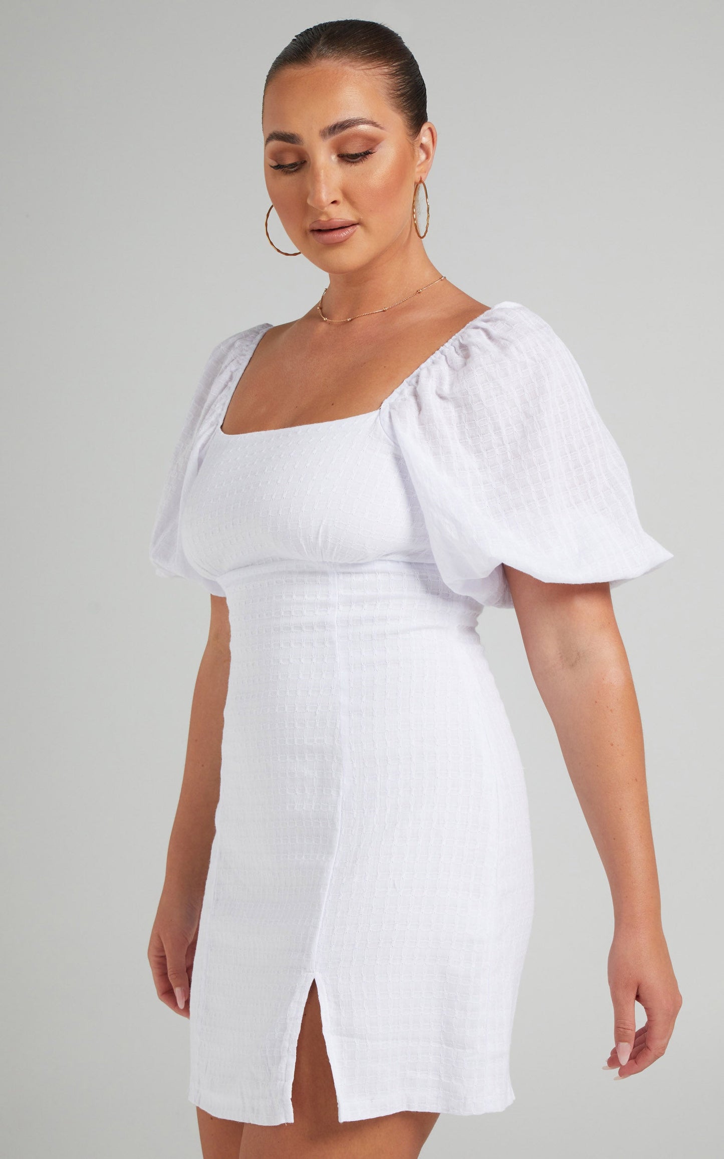 Electric Babe Mini Dress - Square Neck Puff Sleeve Dress in White