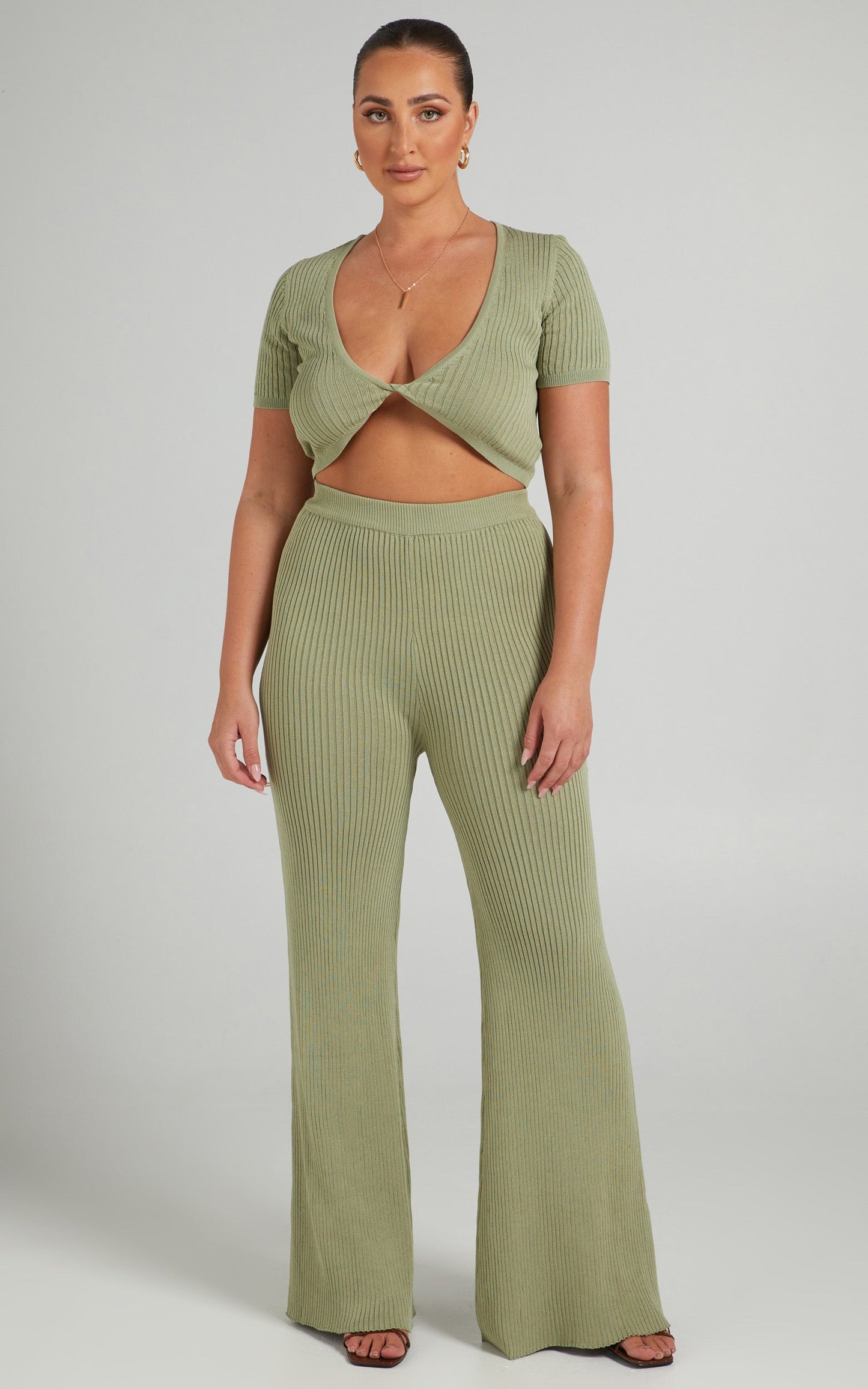 Zyanya Ribbed Cropped Two Piece Set in Sage