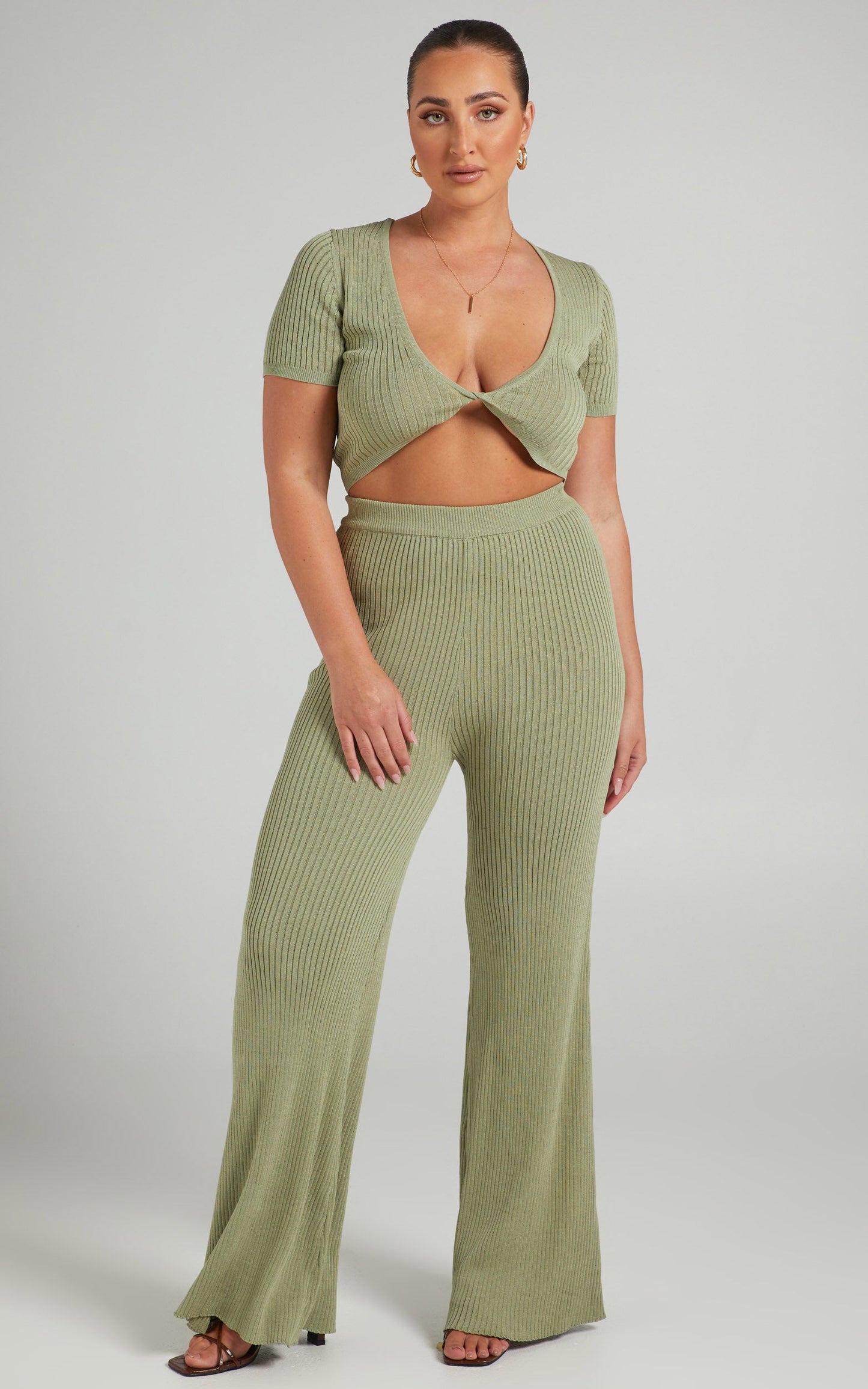 Zyanya Ribbed Cropped Two Piece Set in Sage