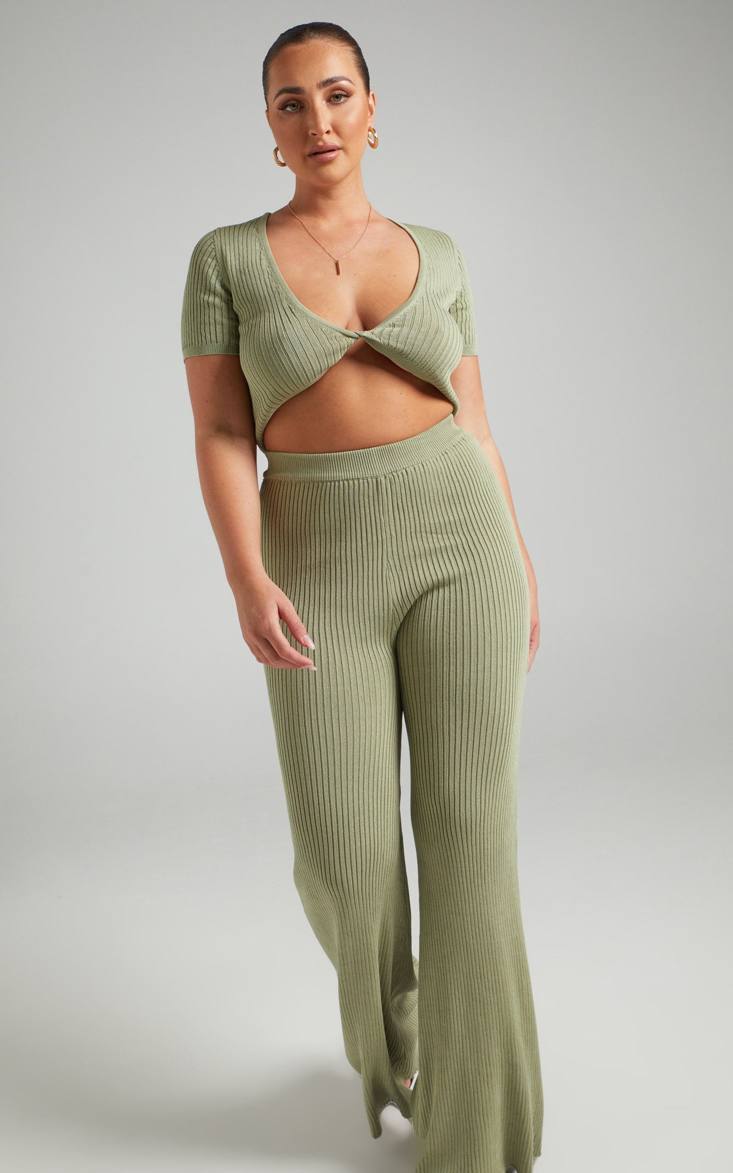 Zyanya Ribbed Cropped Two Piece Set in Sage