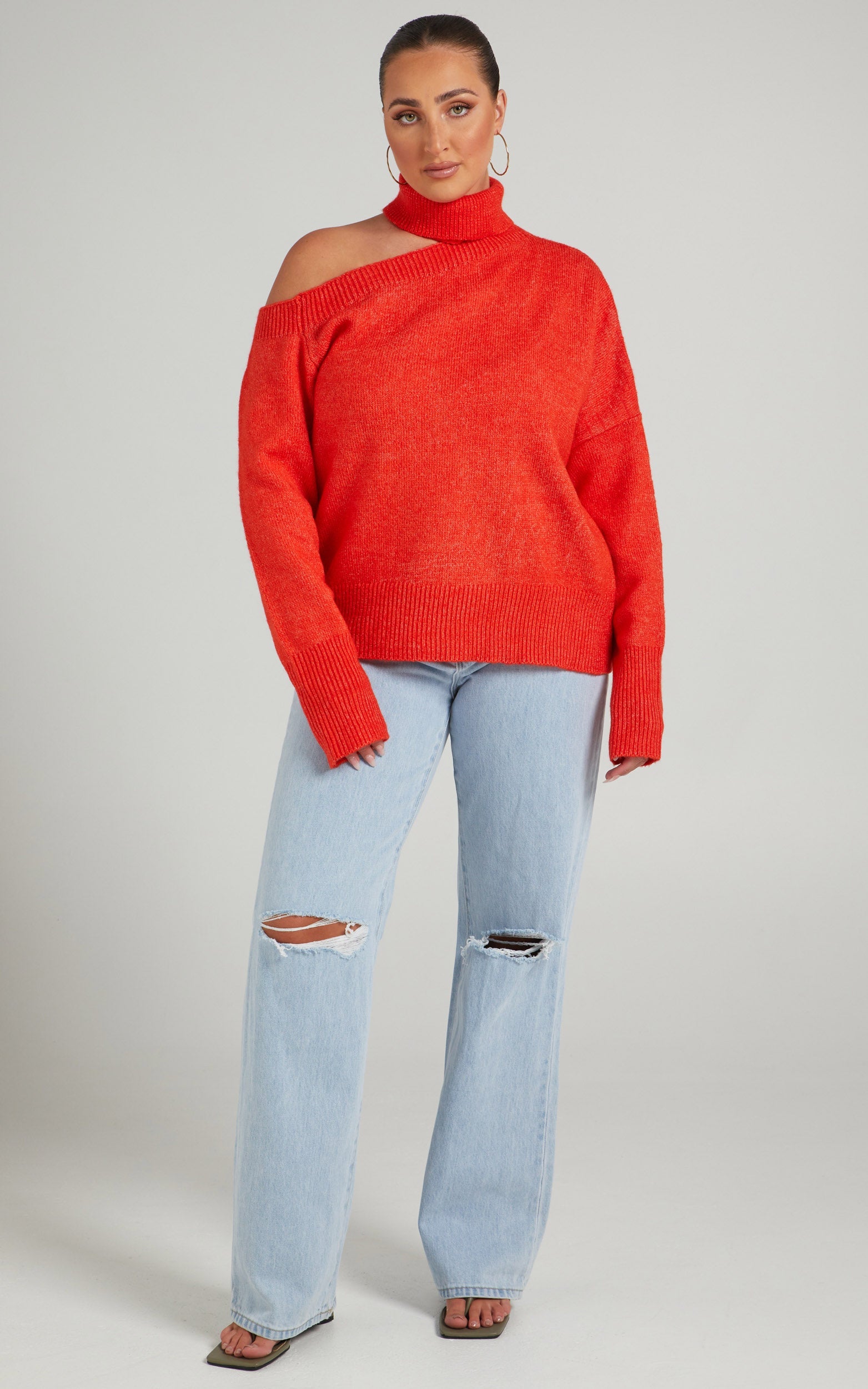 Ceila Knit Top with Shoulder Cut Out in Orange