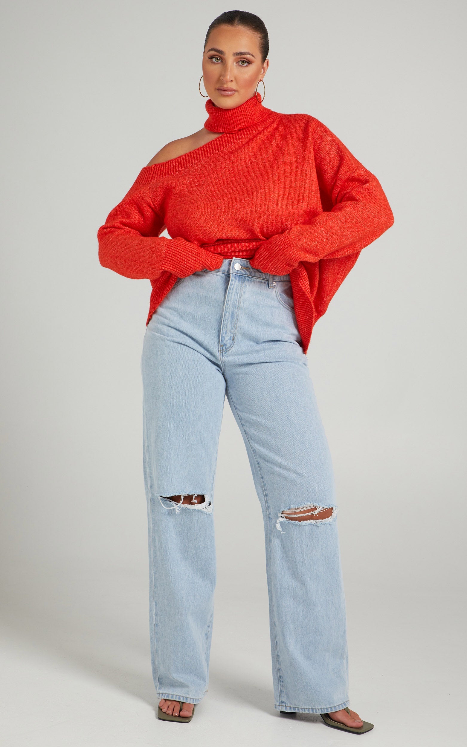 Ceila Knit Top with Shoulder Cut Out in Orange