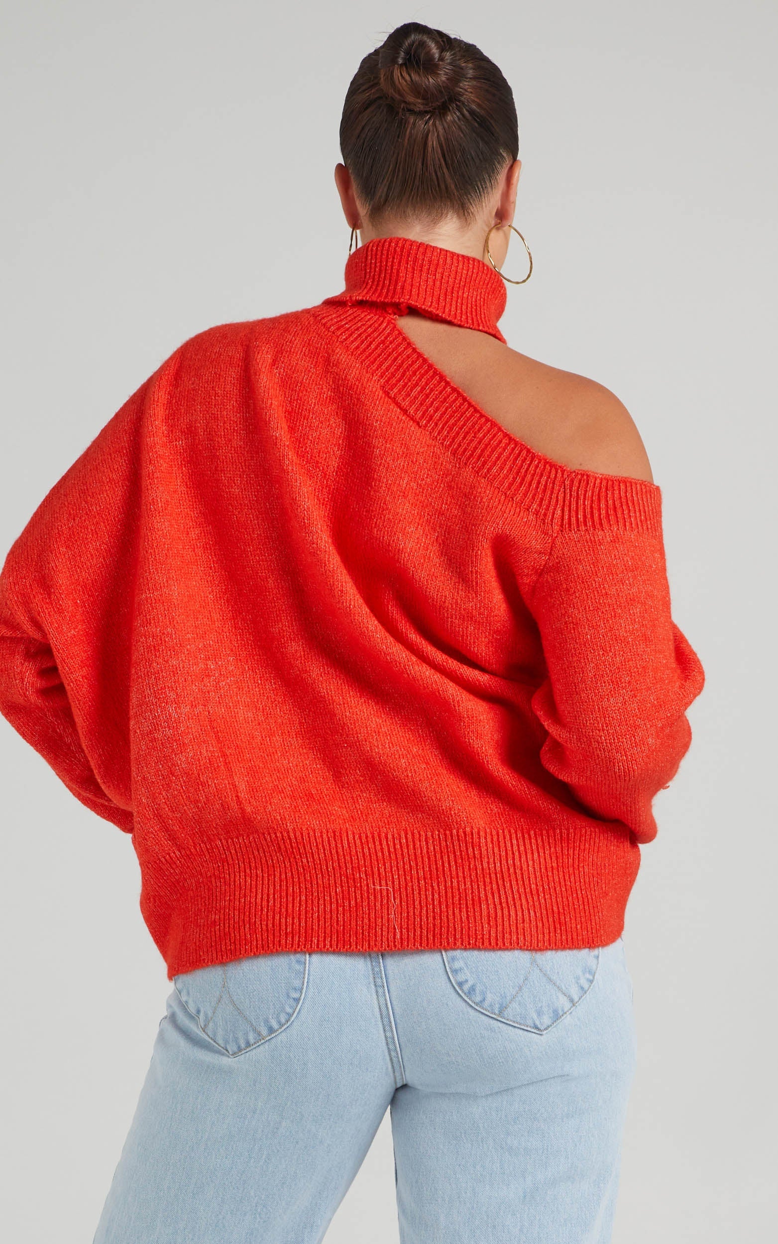 Ceila Knit Top with Shoulder Cut Out in Orange