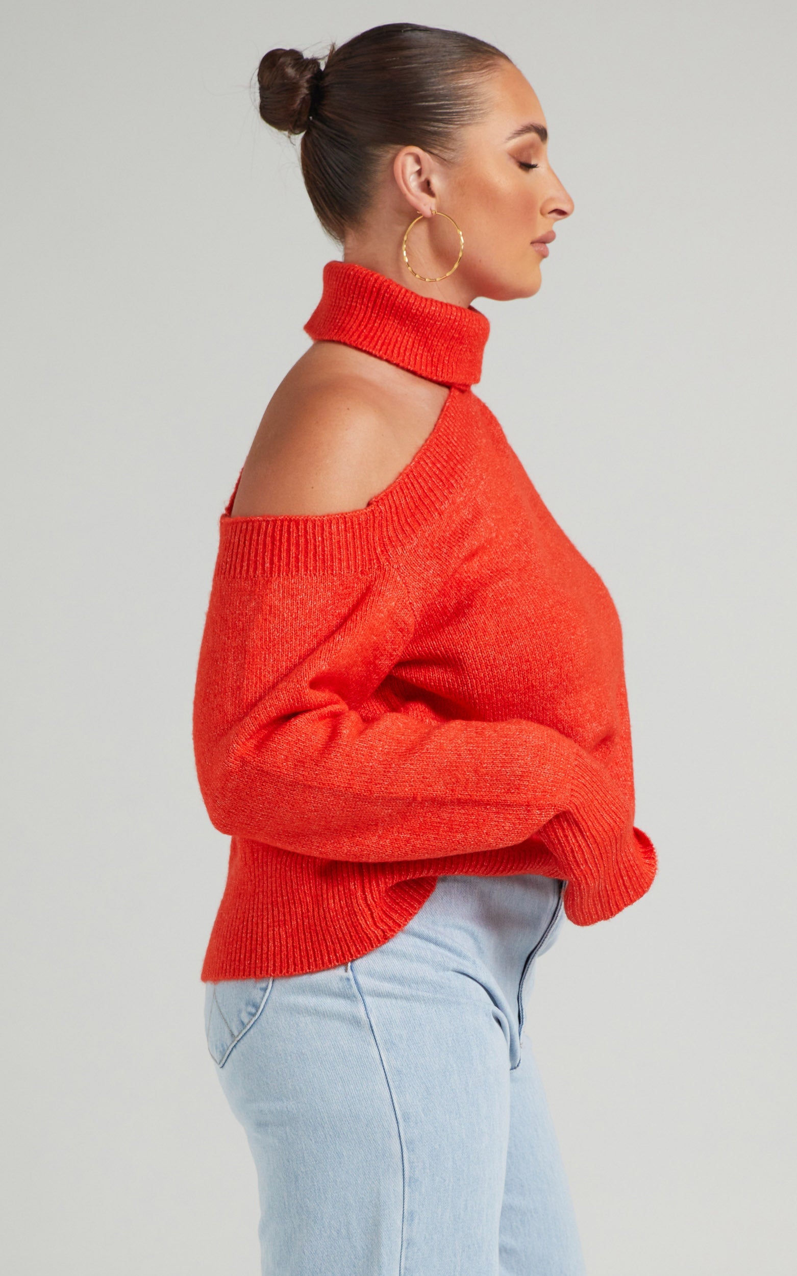 Ceila Knit Top with Shoulder Cut Out in Orange
