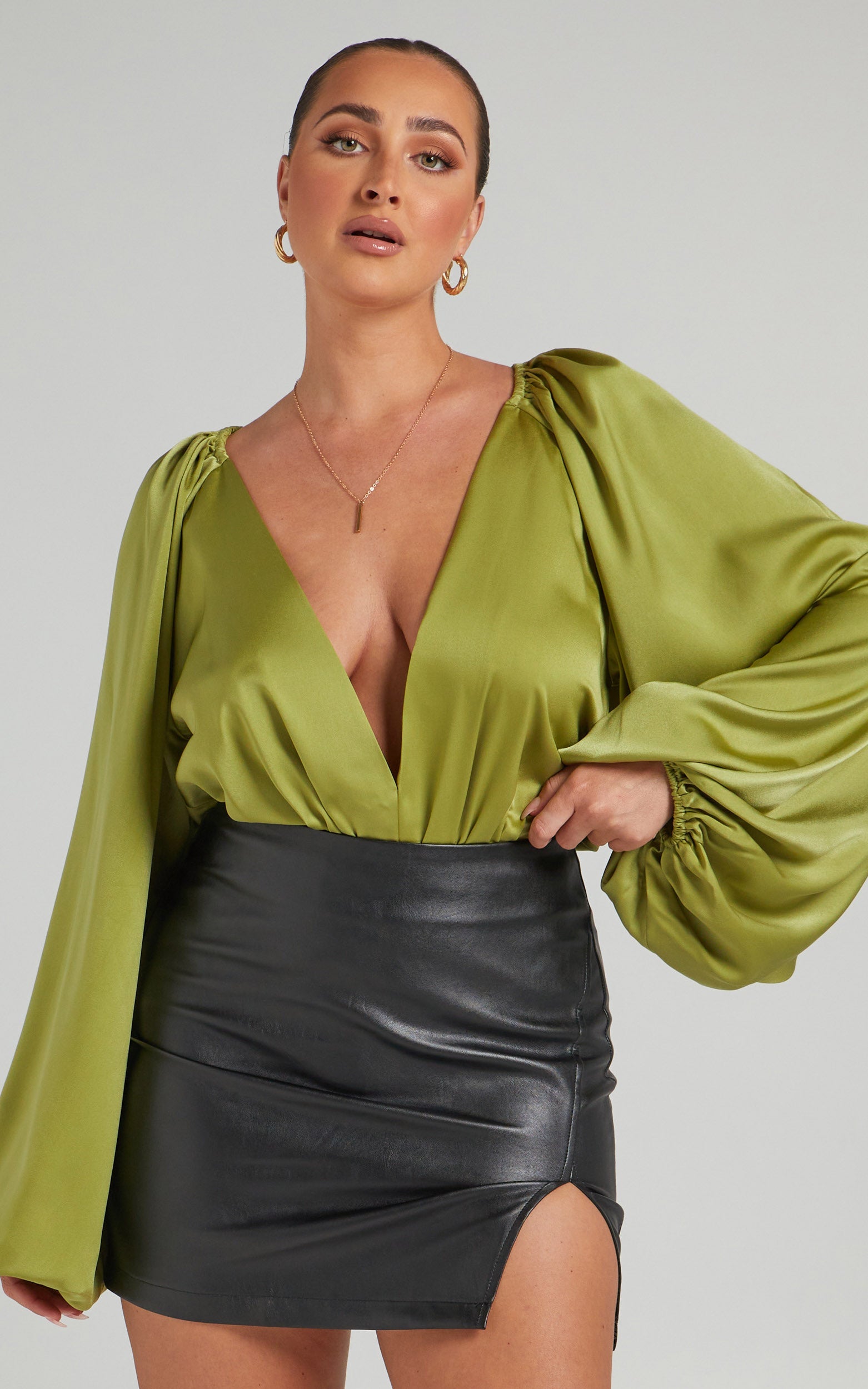Bellah Bodysuit - Plunge Neck Bodysuit in Green