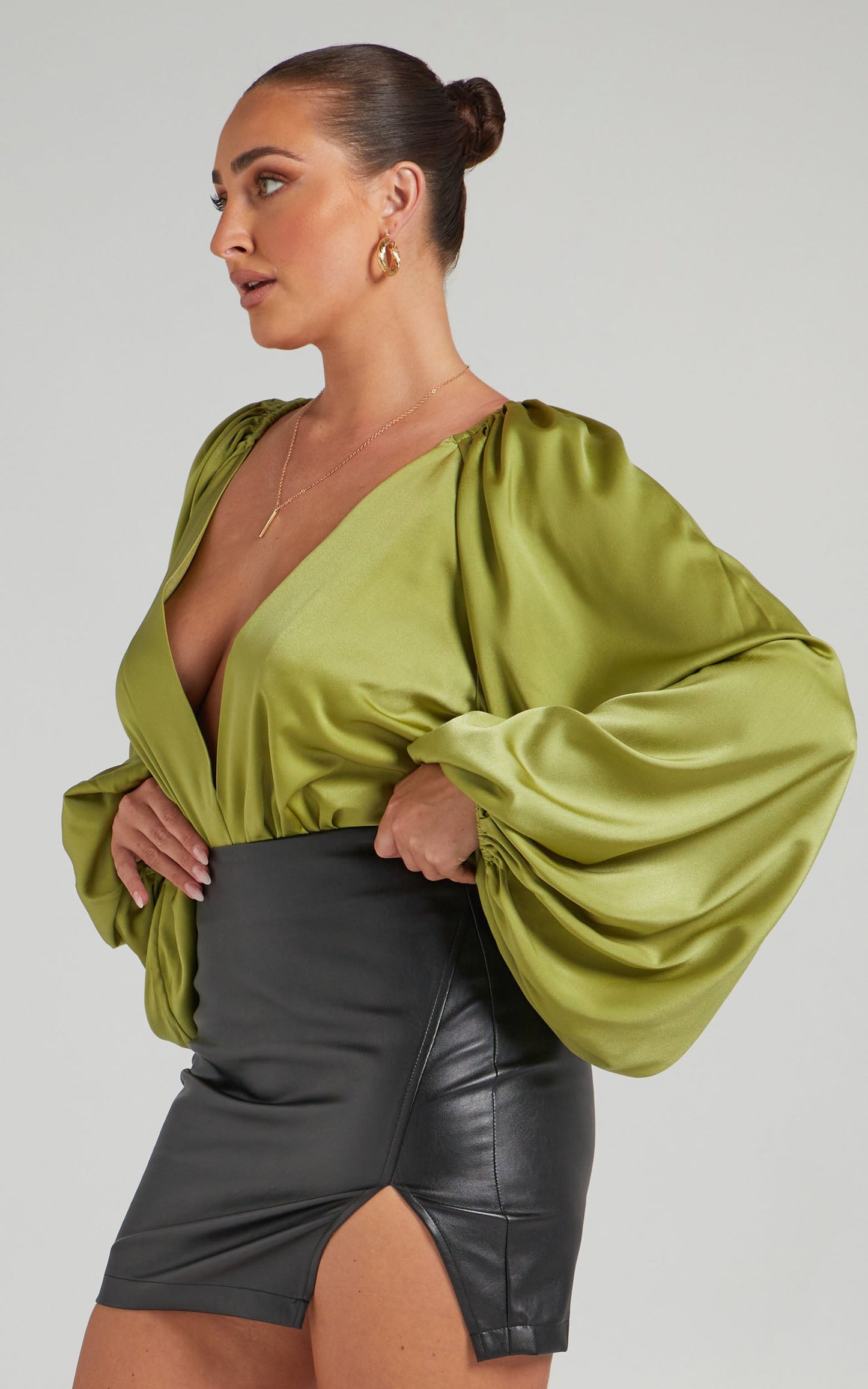 Bellah Bodysuit - Plunge Neck Bodysuit in Green
