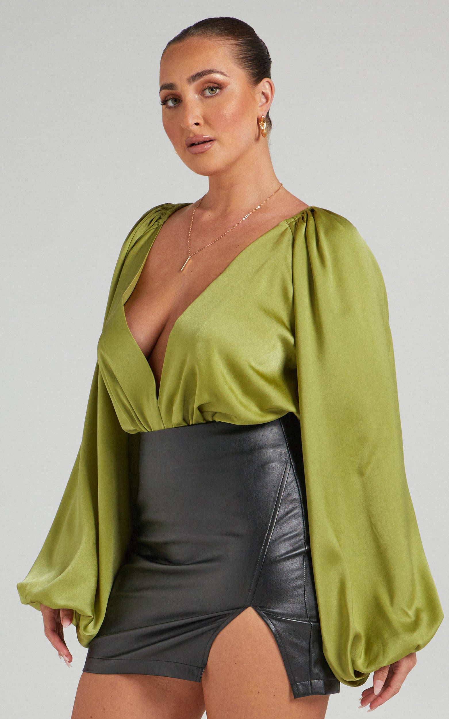 Bellah Bodysuit - Plunge Neck Bodysuit in Green