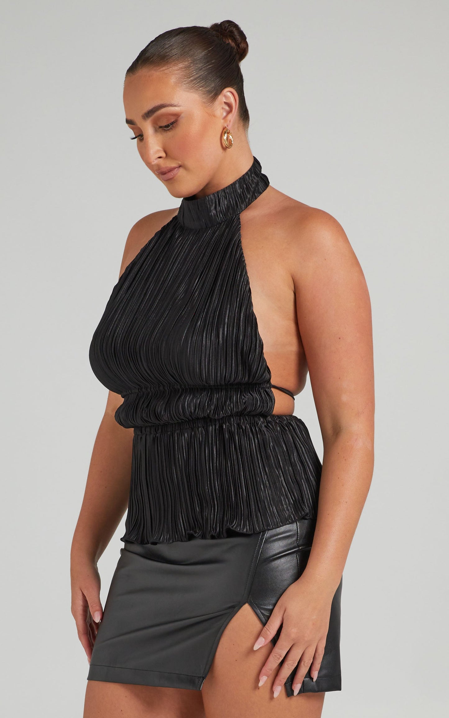 Chiara Top - Plisse Pleated Backless Halter Neck Top in Black