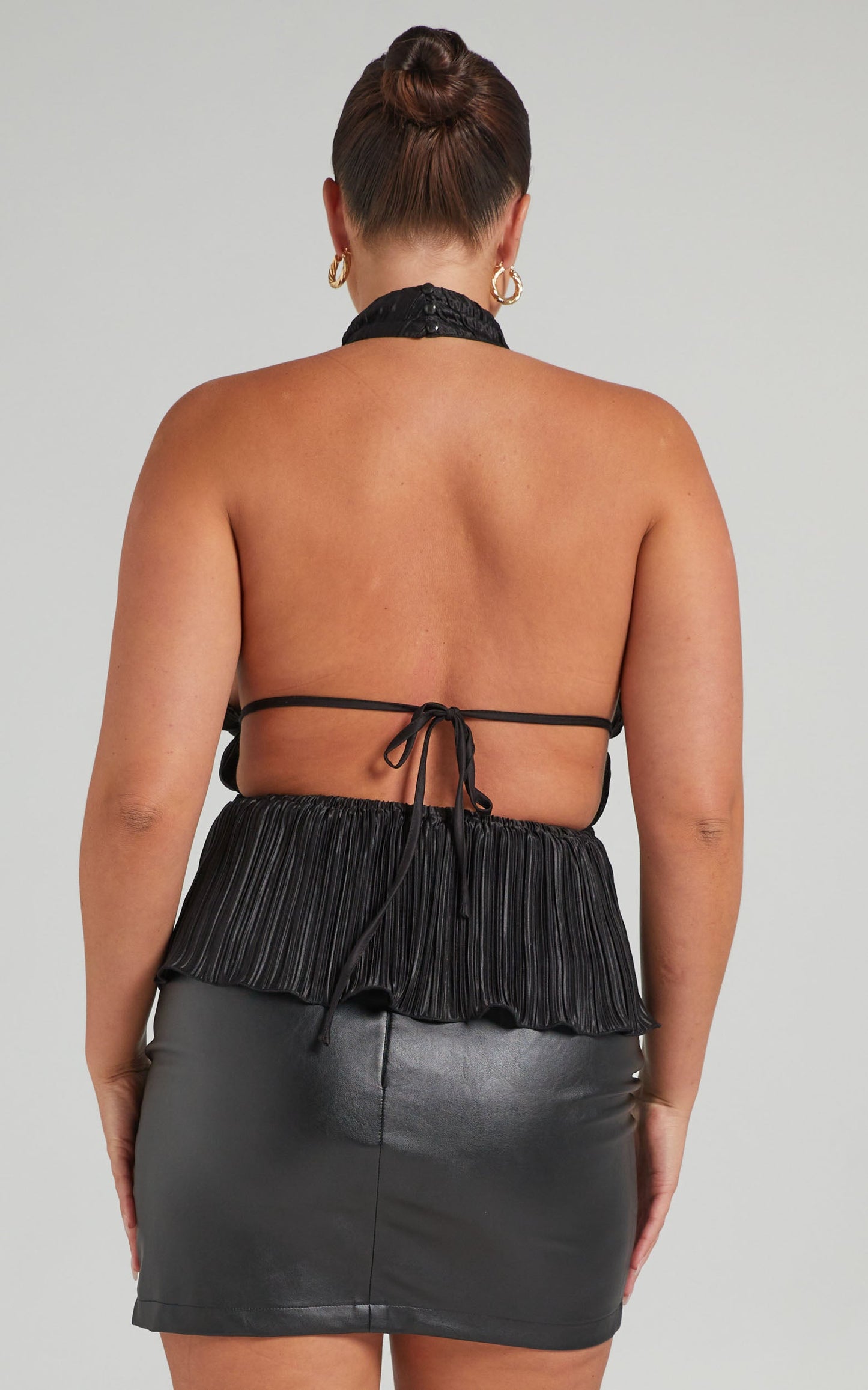 Chiara Top - Plisse Pleated Backless Halter Neck Top in Black