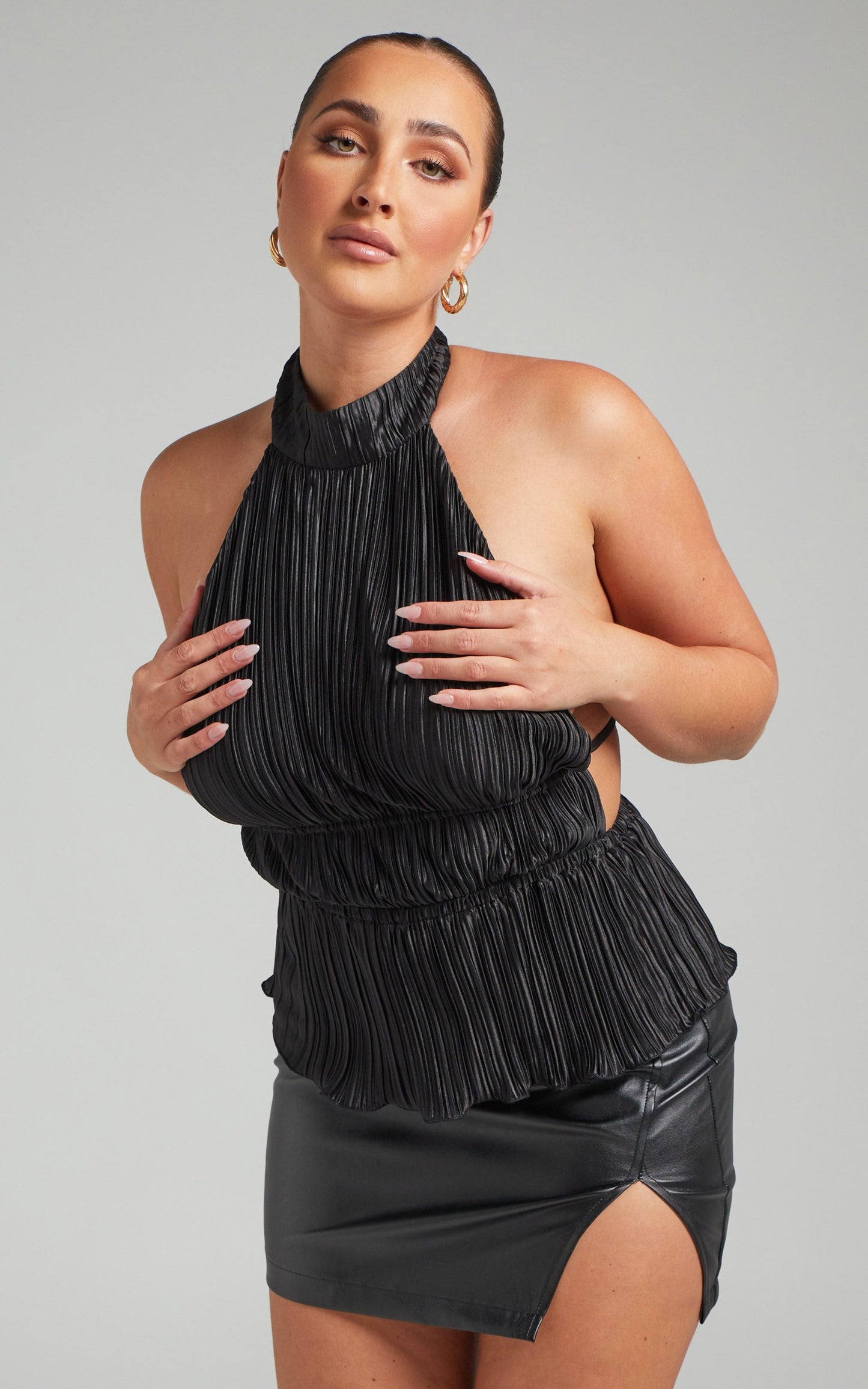 Chiara Top - Plisse Pleated Backless Halter Neck Top in Black