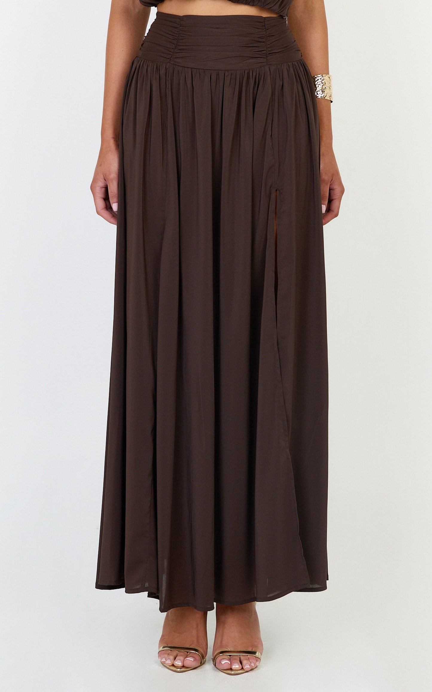Melanie Maxi Skirt - Gathered Yoke Skirt in Brown