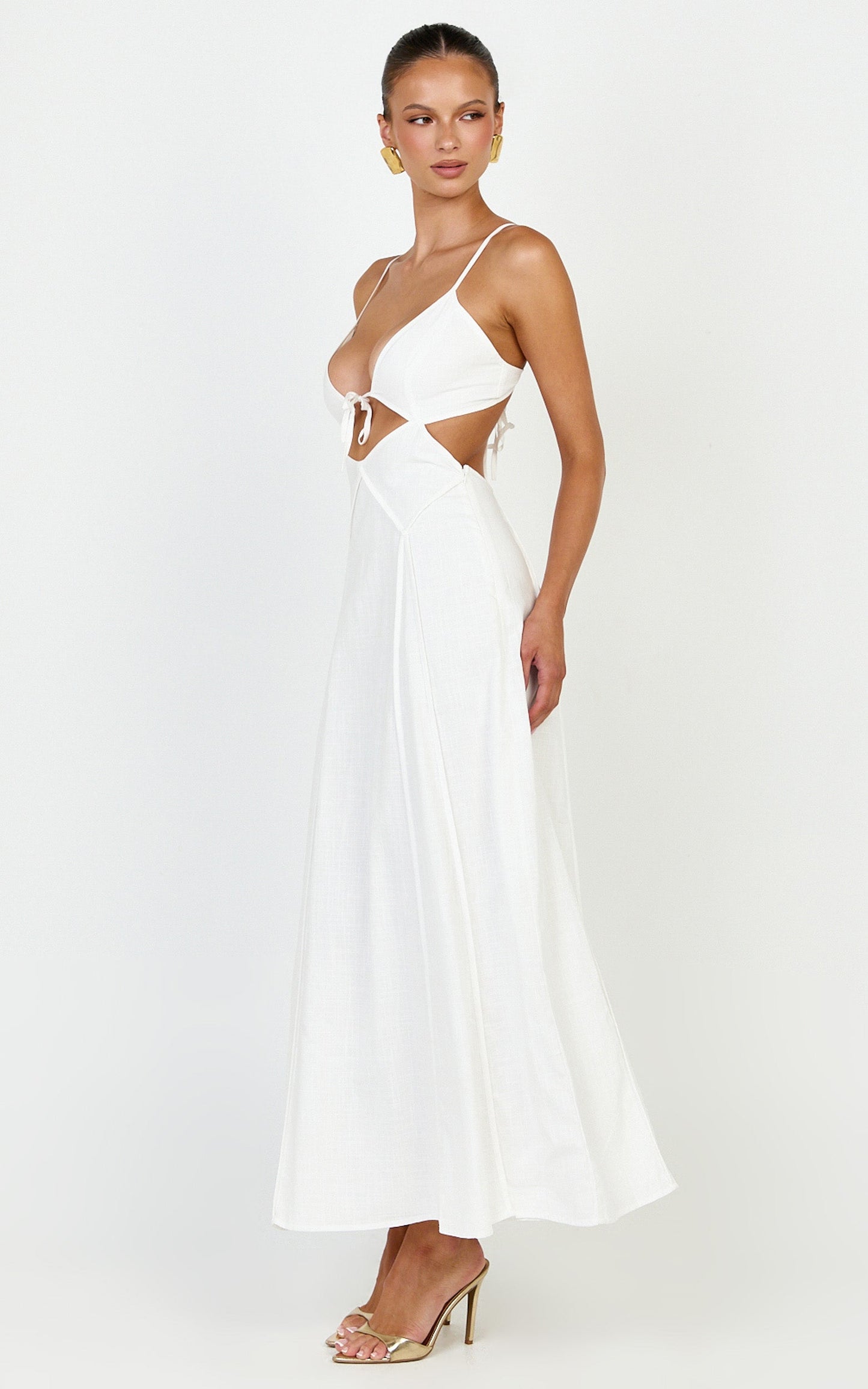 Grace Midi Dress - Strappy Cutaway with Godet Detail Dress in White