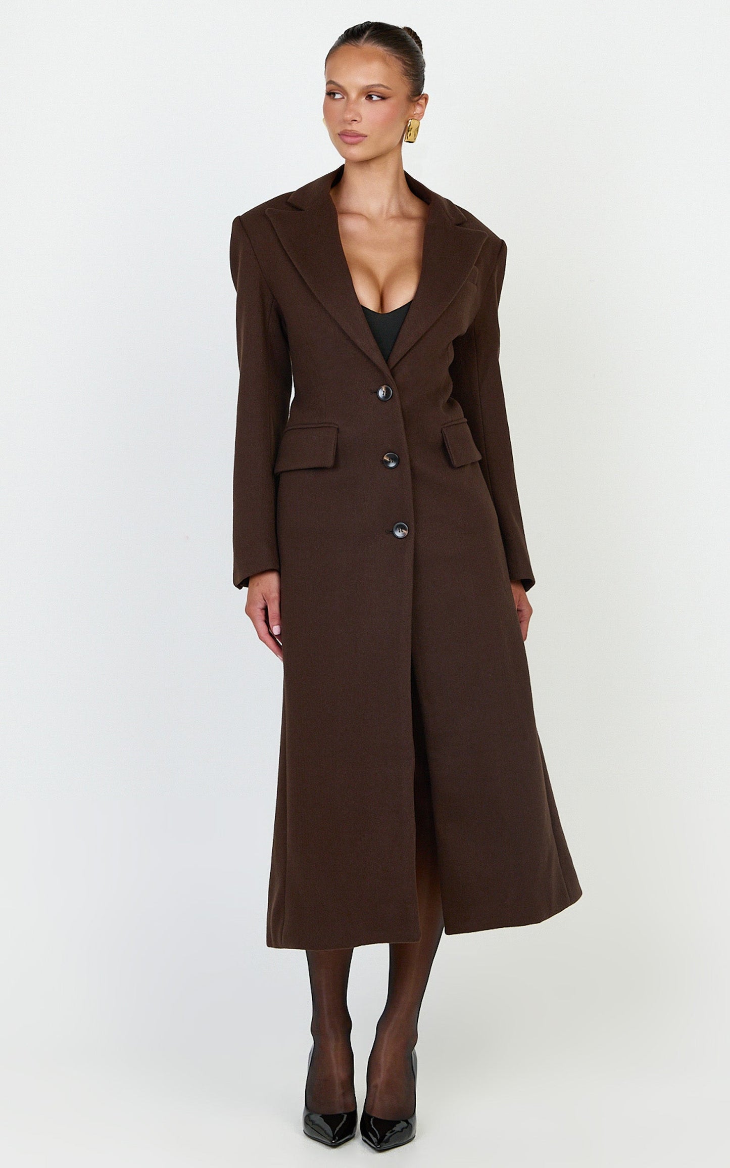 Paloma Coat - Tailored Cinched Waist Longline Coat in Chocolate