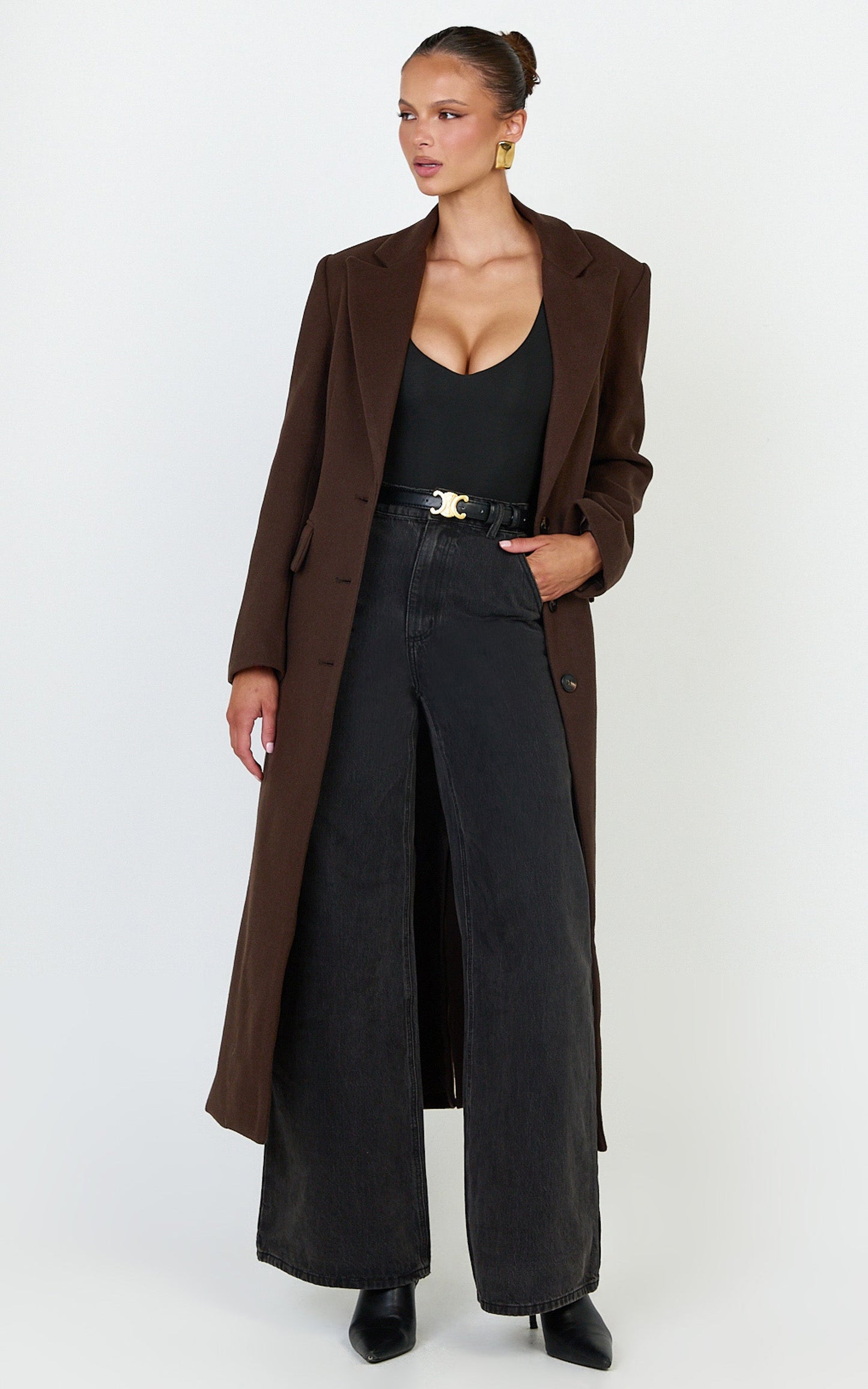 Paloma Coat - Tailored Cinched Waist Longline Coat in Chocolate