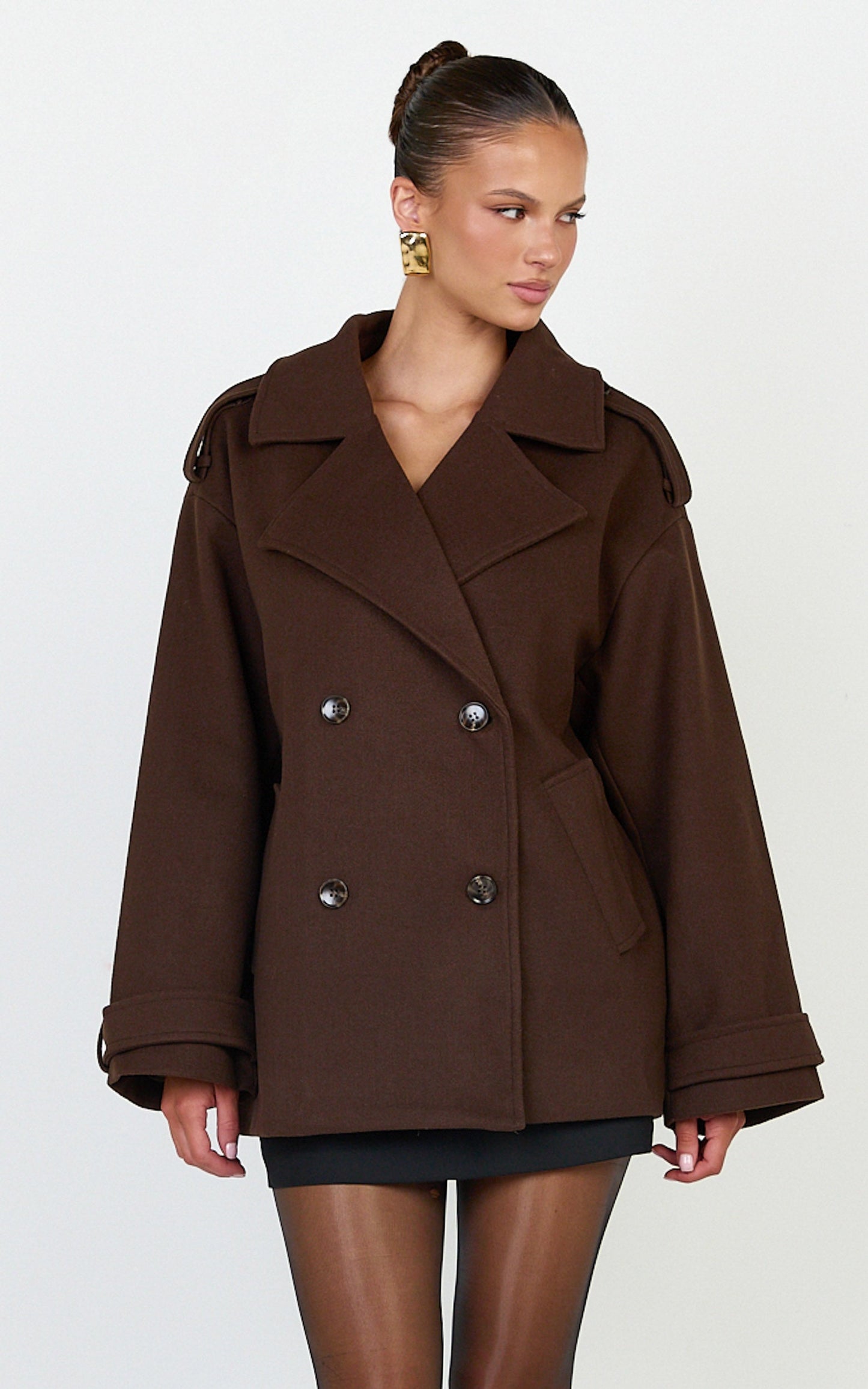 Saskia Coat - Double Breasted Short Wool Like Coat in Chocolate