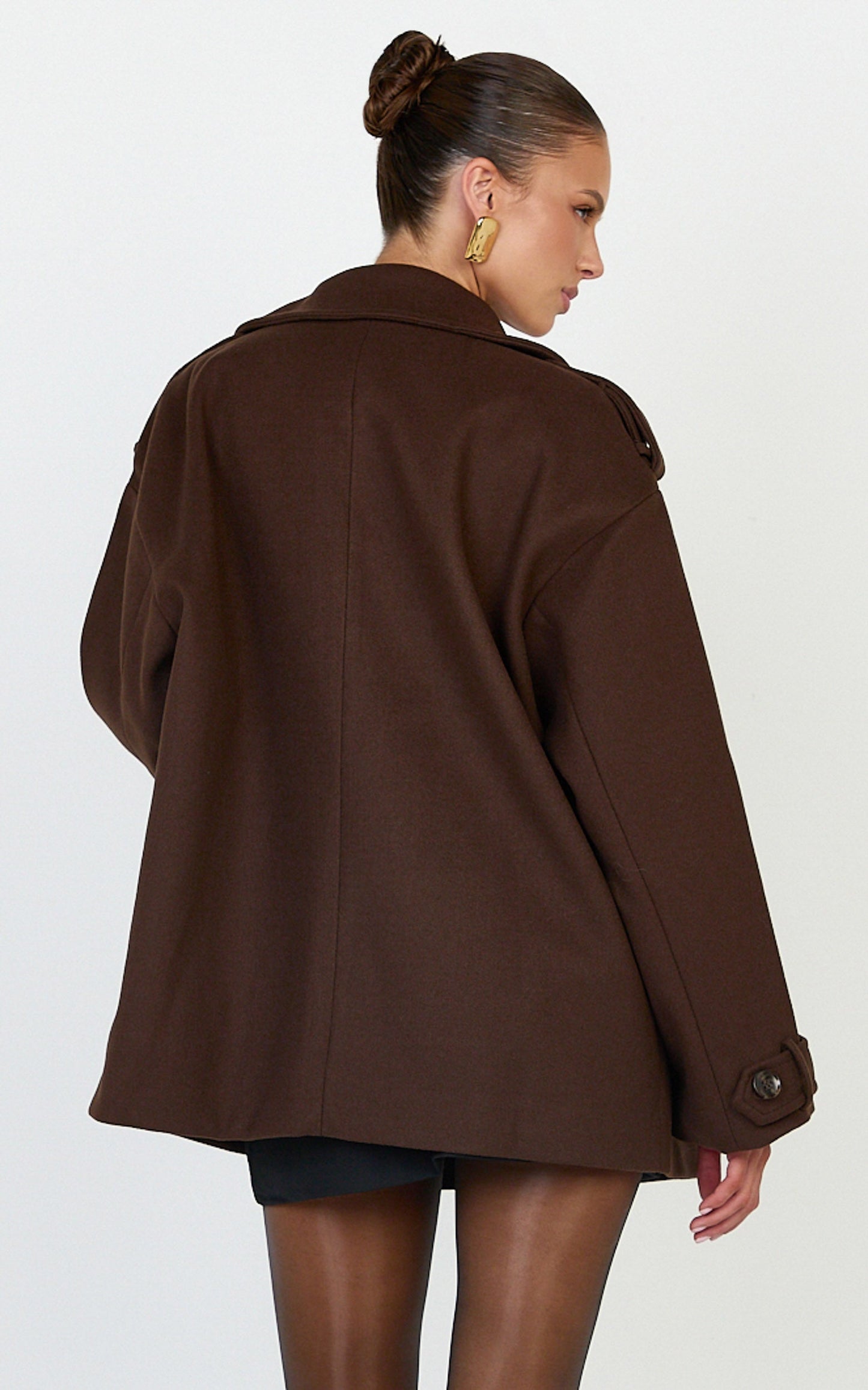 Saskia Coat - Double Breasted Short Wool Like Coat in Chocolate