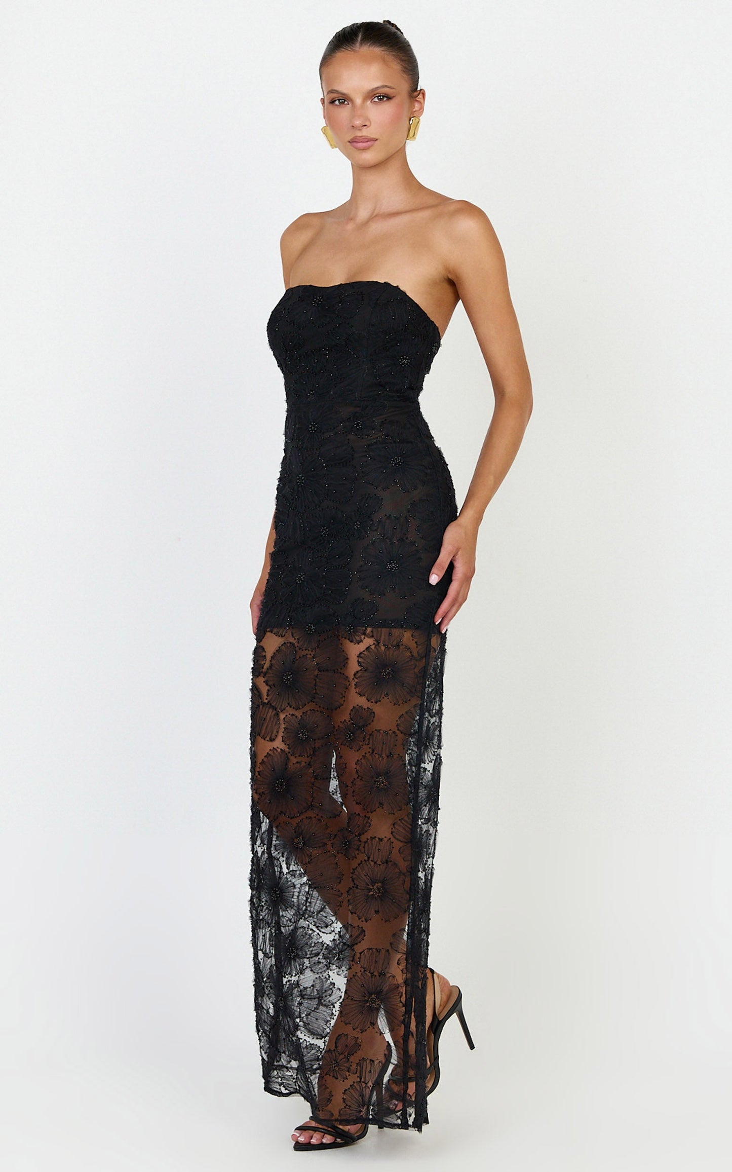 Lima Maxi Dress - Strapless Floral Embellished Column Dress in Black