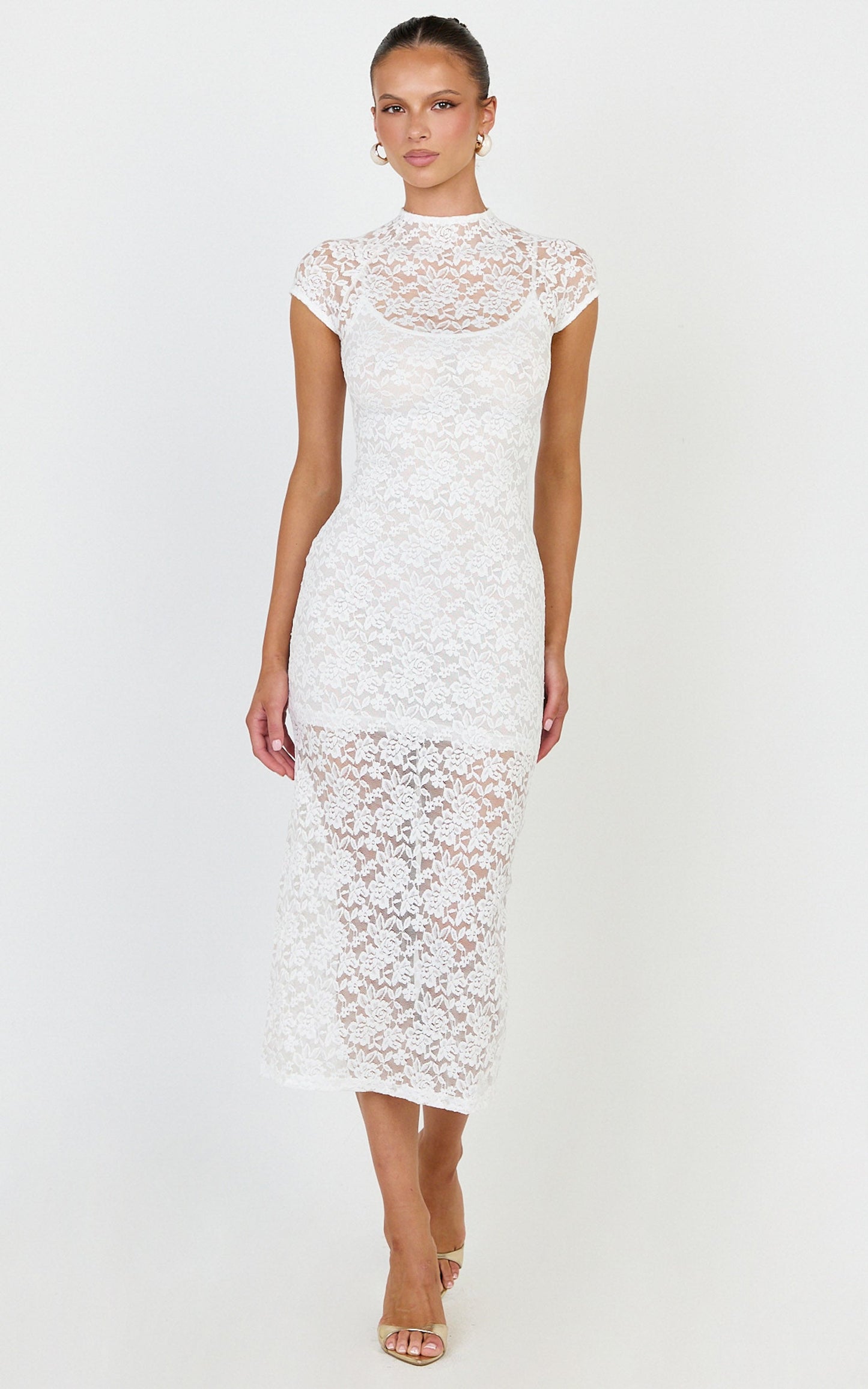 Emma Midi Dress - Lace Cap Sleeve Bodycon Dress in White