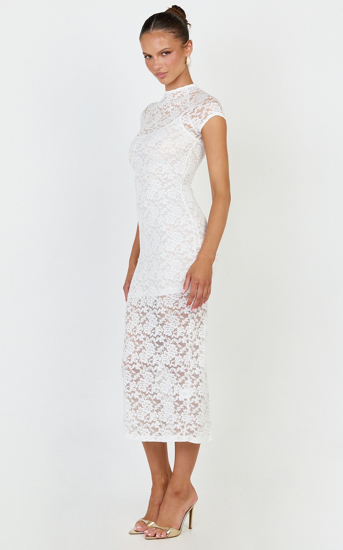 Emma Midi Dress - Lace Cap Sleeve Bodycon Dress in White