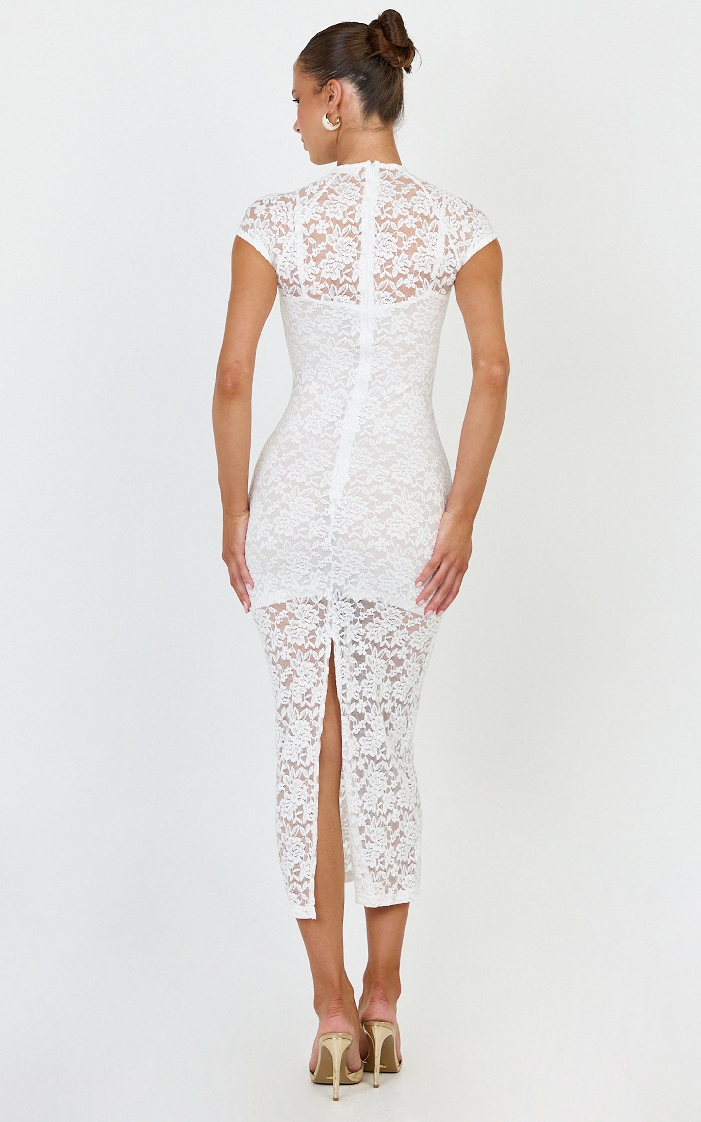 Emma Midi Dress - Lace Cap Sleeve Bodycon Dress in White